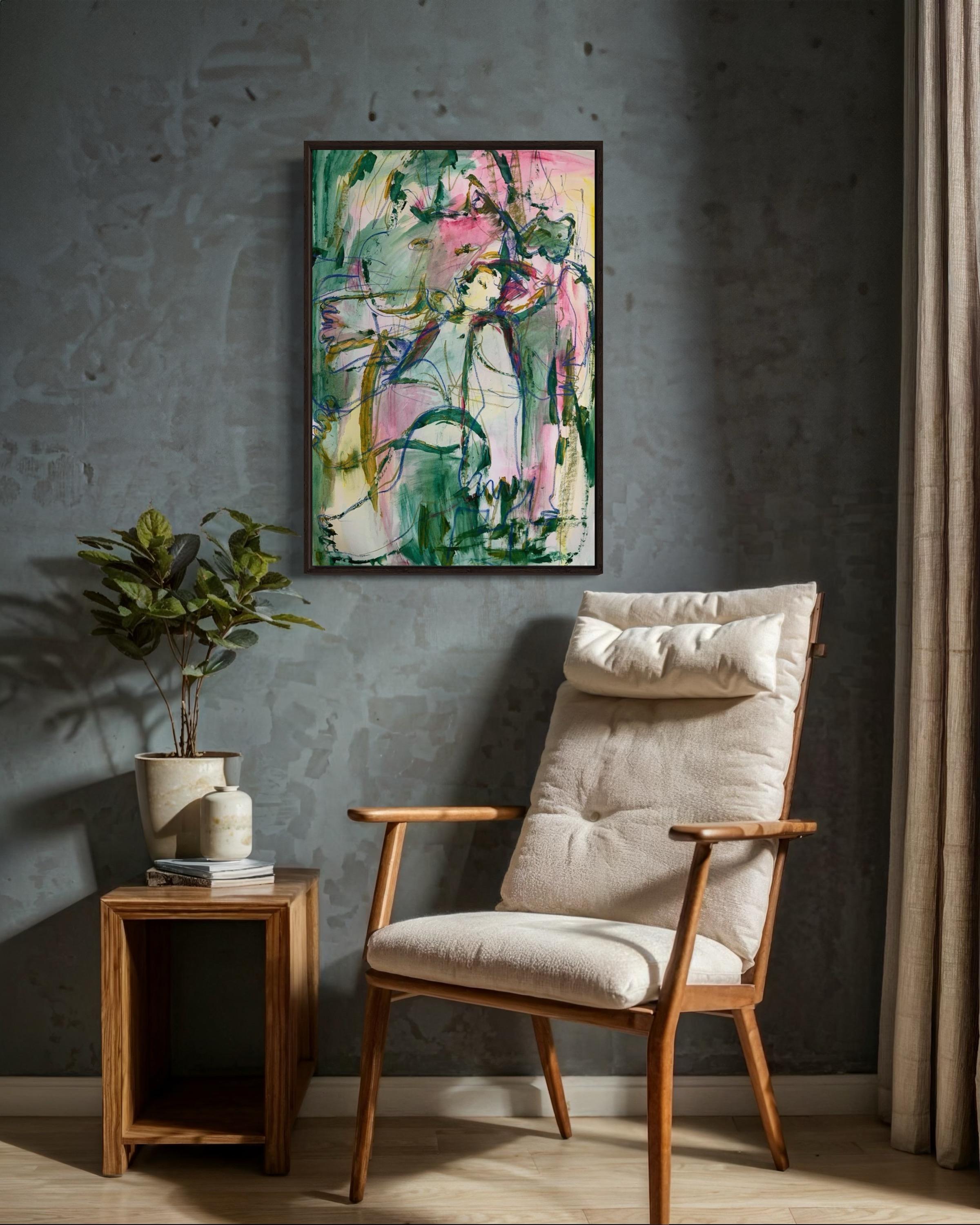 La vida con un gato, 78x54cm, acrílico, papel - Painting Abstracto de Elena Naushirvanova 
