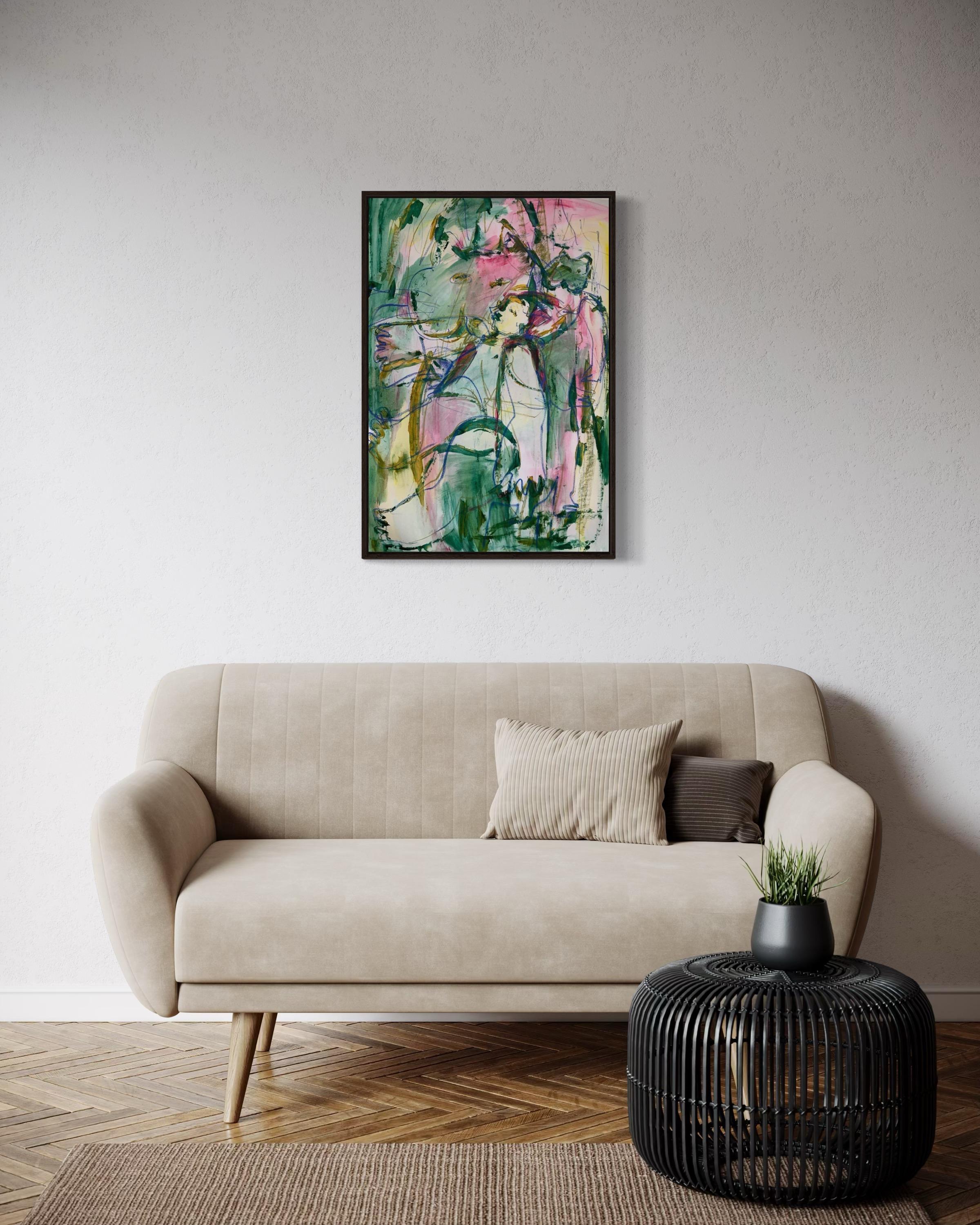 La vida con un gato, 78x54cm, acrílico, papel - Figurative Painting Gris de Elena Naushirvanova 