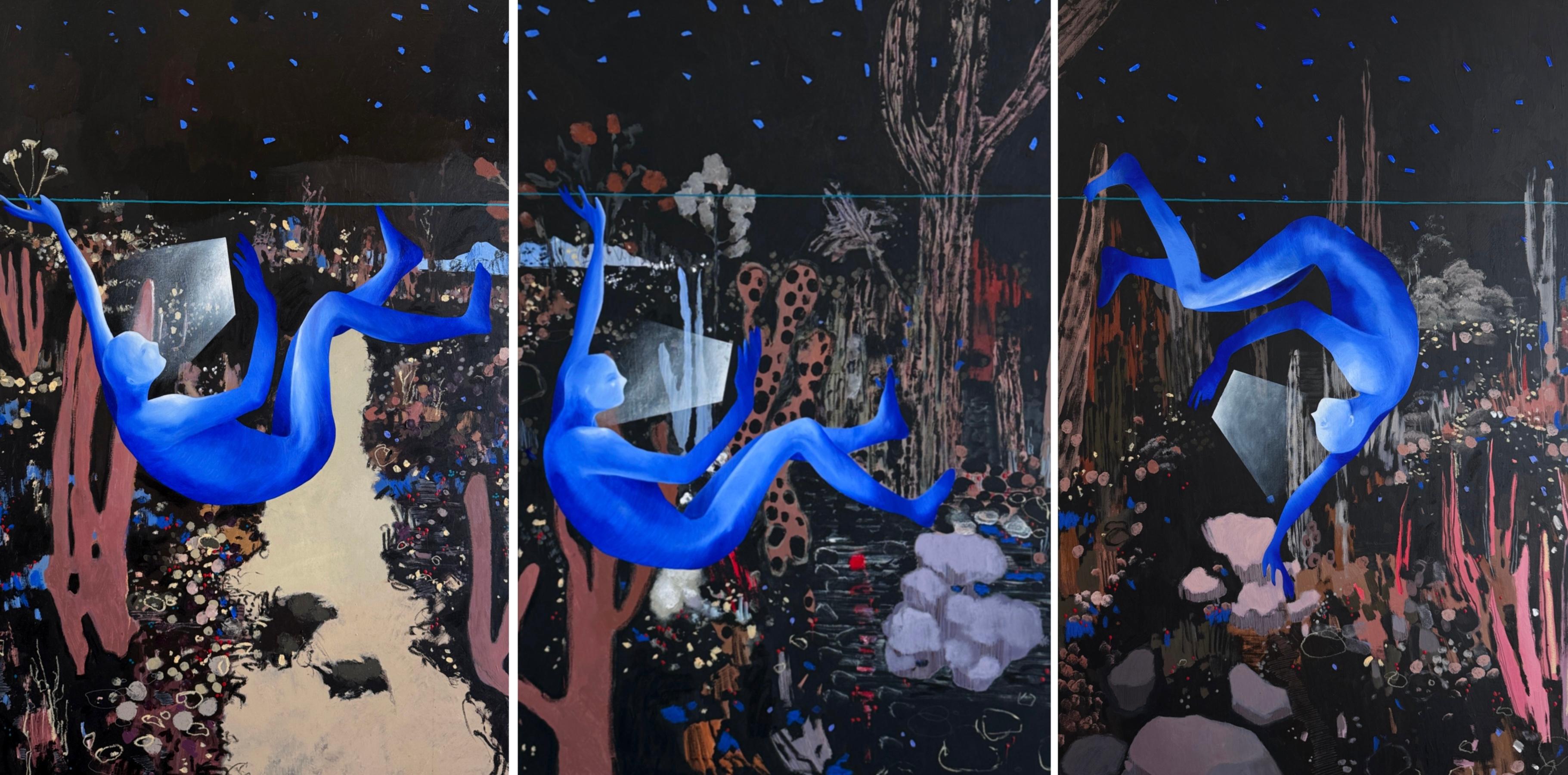 Triptyque Birds of a feather, 120 x 240 cm, 3, acrylique  sur toile - Art de Elizeveta Pugacheva