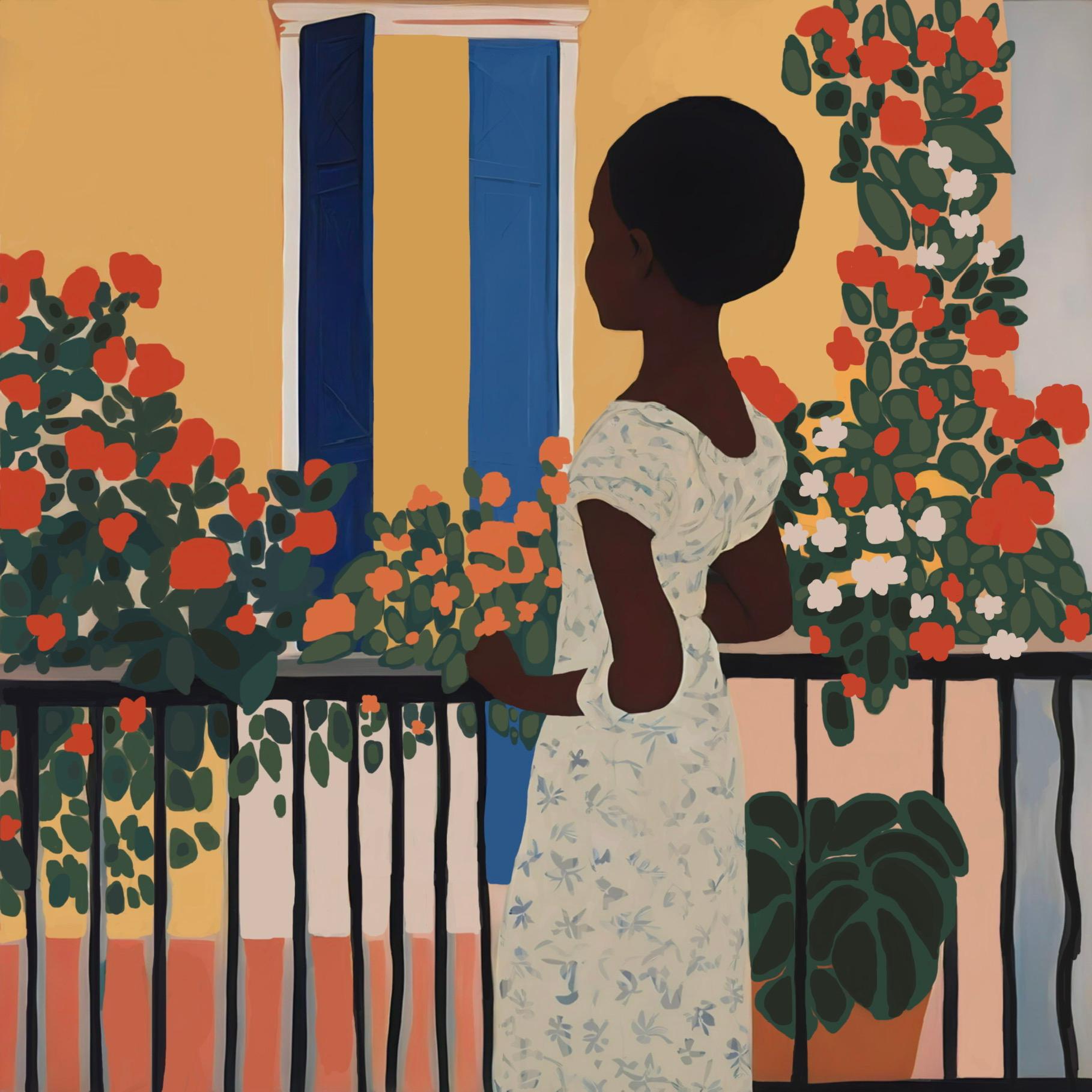 Sul balcone, 70x70cm, stampa su tela. Edizione 20 pezzi. - Art di Nina Tsoriti