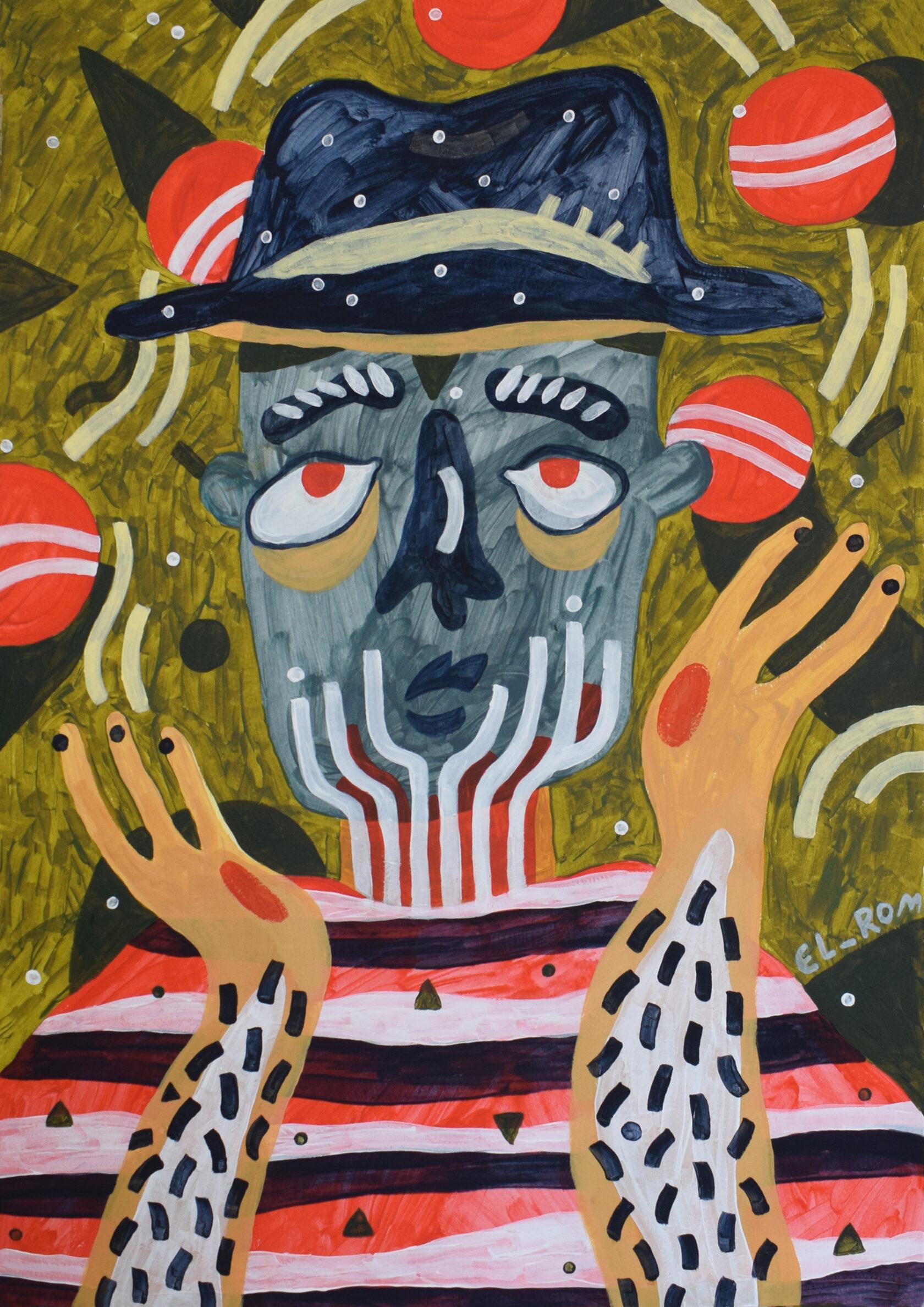 Giocoliere, 59,7 x 42 cm, acrilico su carta - Painting di Elena Romanovskaya