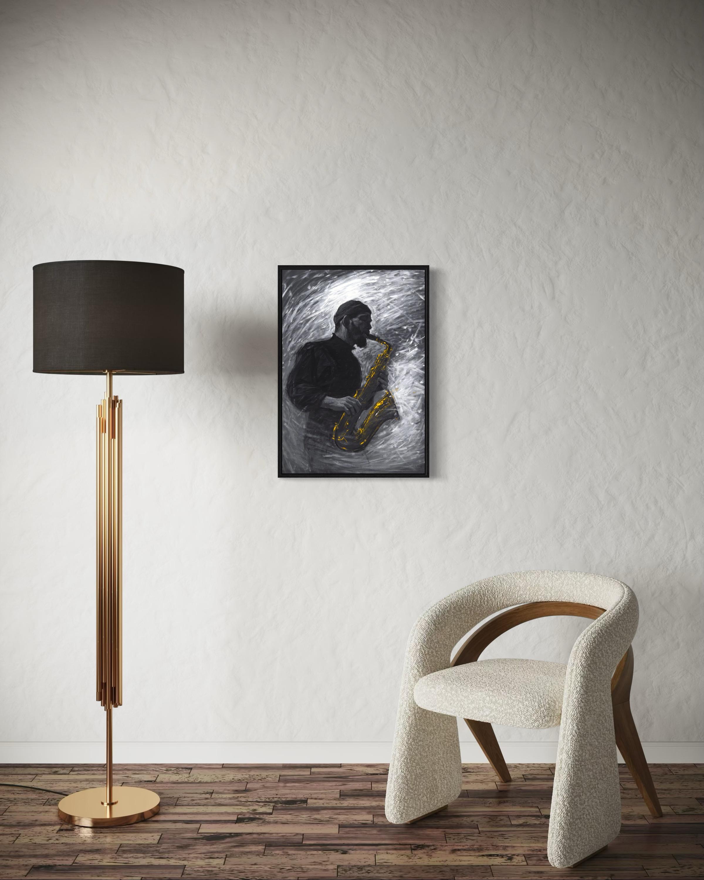 SAXOPHONIST, 100x70 cm, tempera/ paper For Sale 1