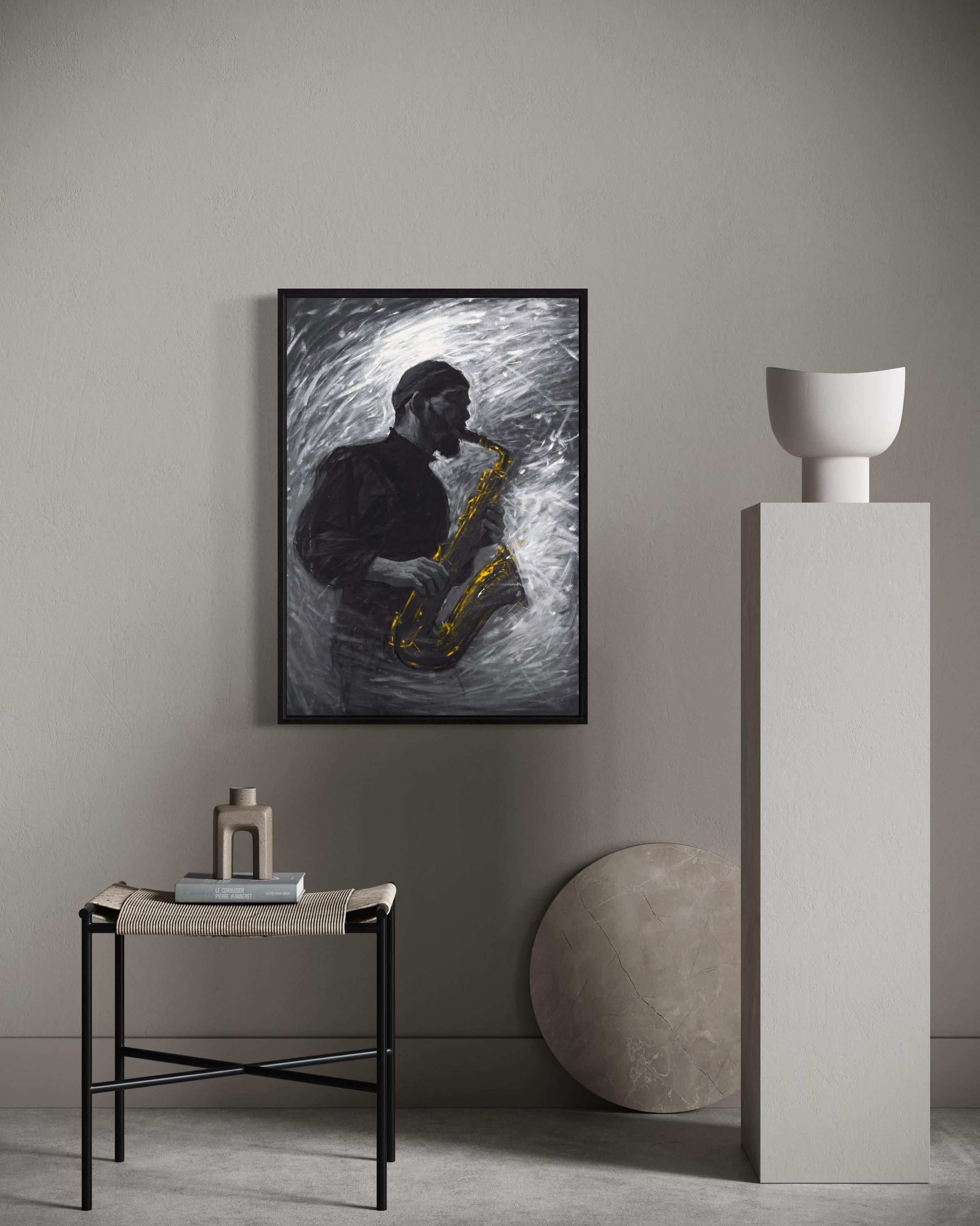 SAXOPHONIST, 100x70 cm, tempera/ paper For Sale 4
