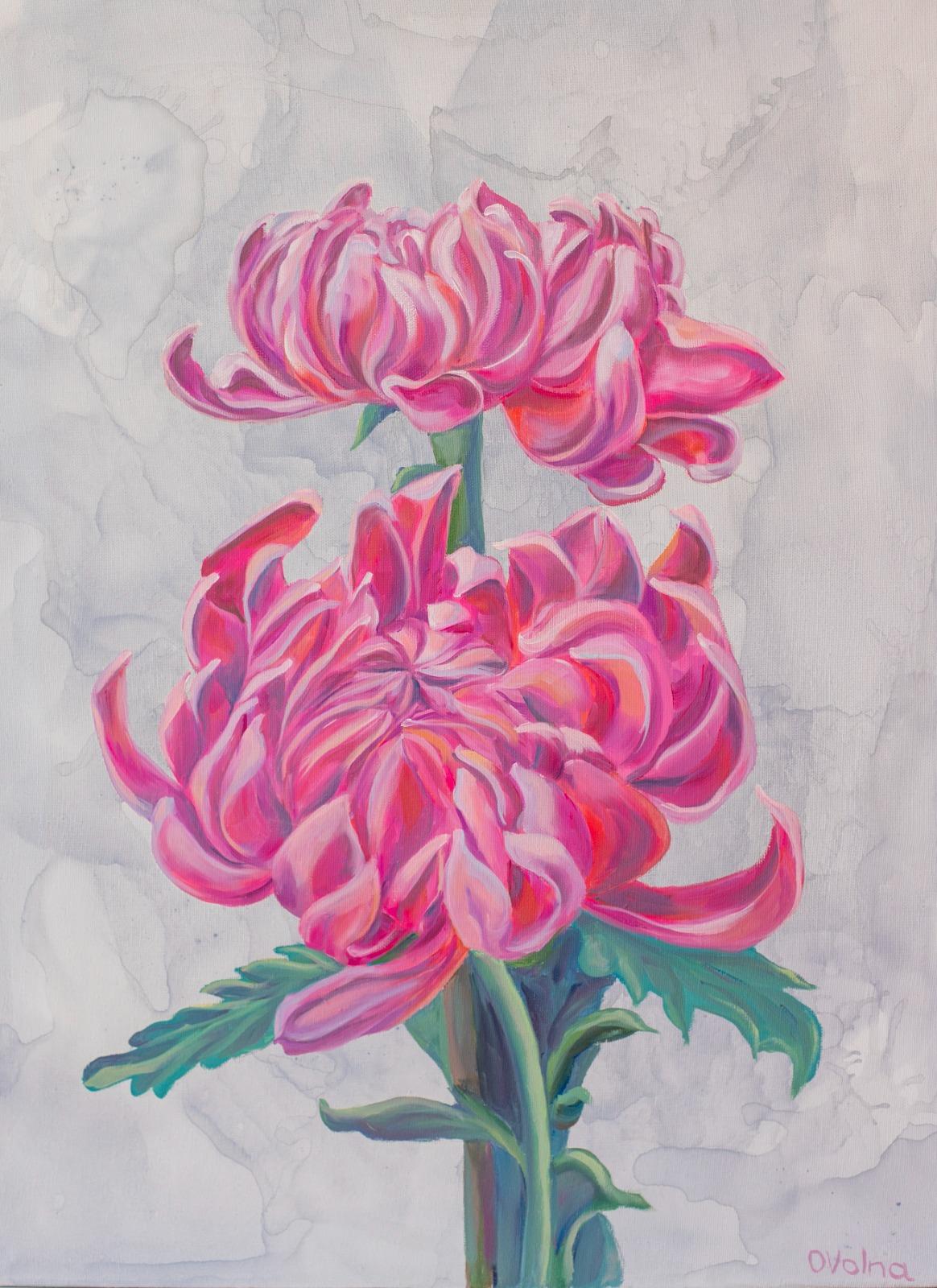 Dalie rosa , 80x60 cm, olio/tela - Painting di Olga Volna