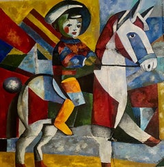 Auf dem fünften Pferd, 120x120 cm, Öl, genähter Kaffeesack, Sand