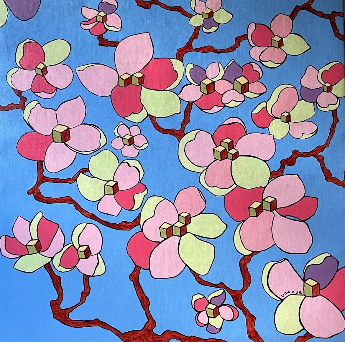 Fiori di melo, 100x100cm, acrilico su tela