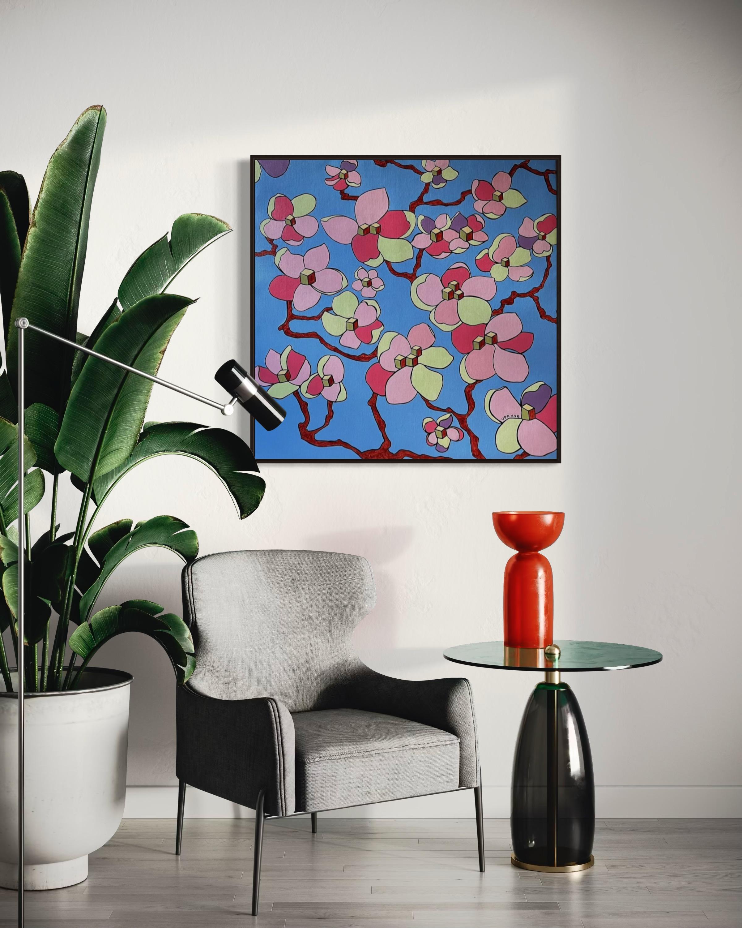 Apfelblüte, 100x100cm, Acryl auf Leinwand (Blau), Figurative Painting, von Ira Kub