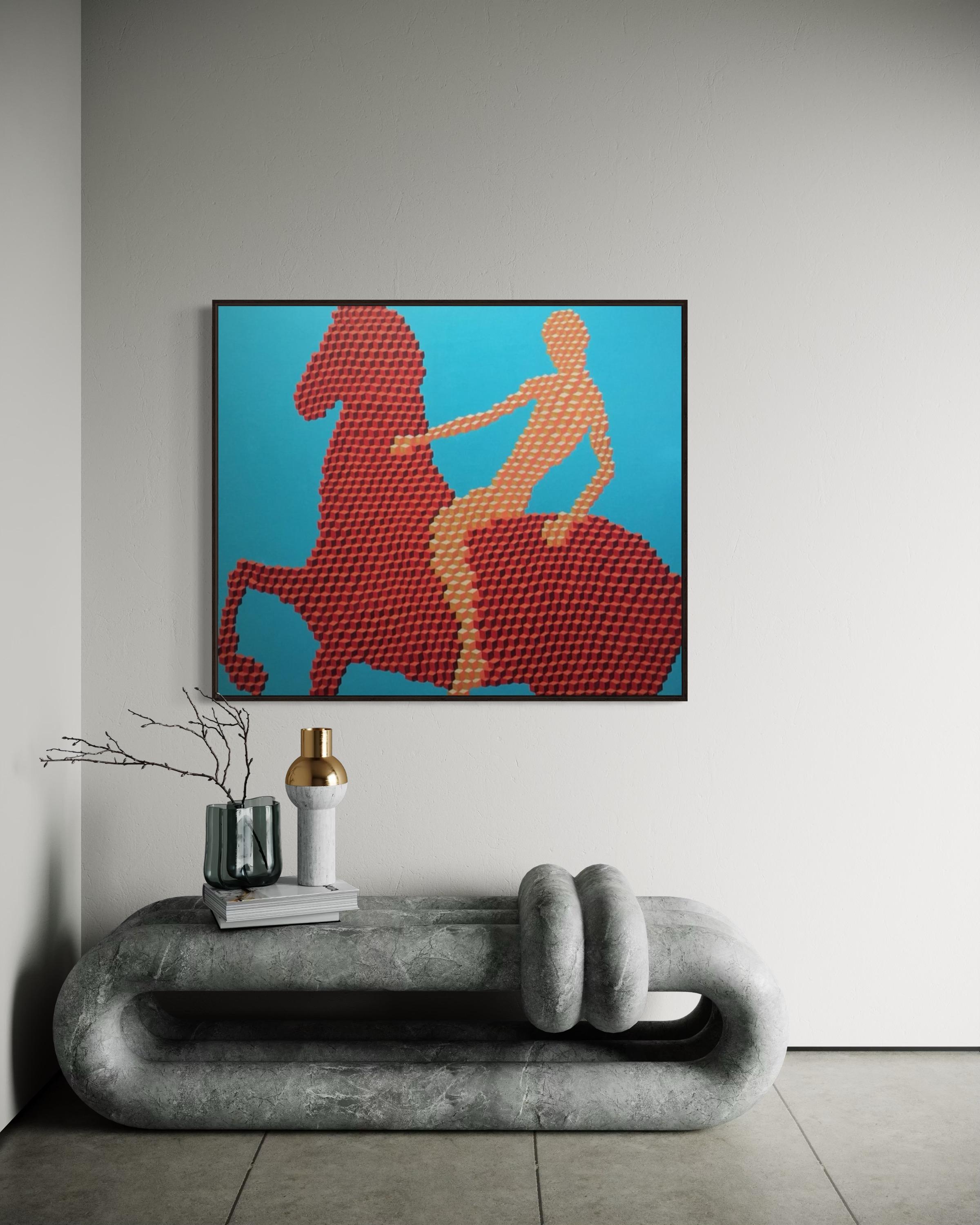 Bathing the red horse, 100x120cm, acrylic on canvas - Blue Figurative Painting by Ira Kub