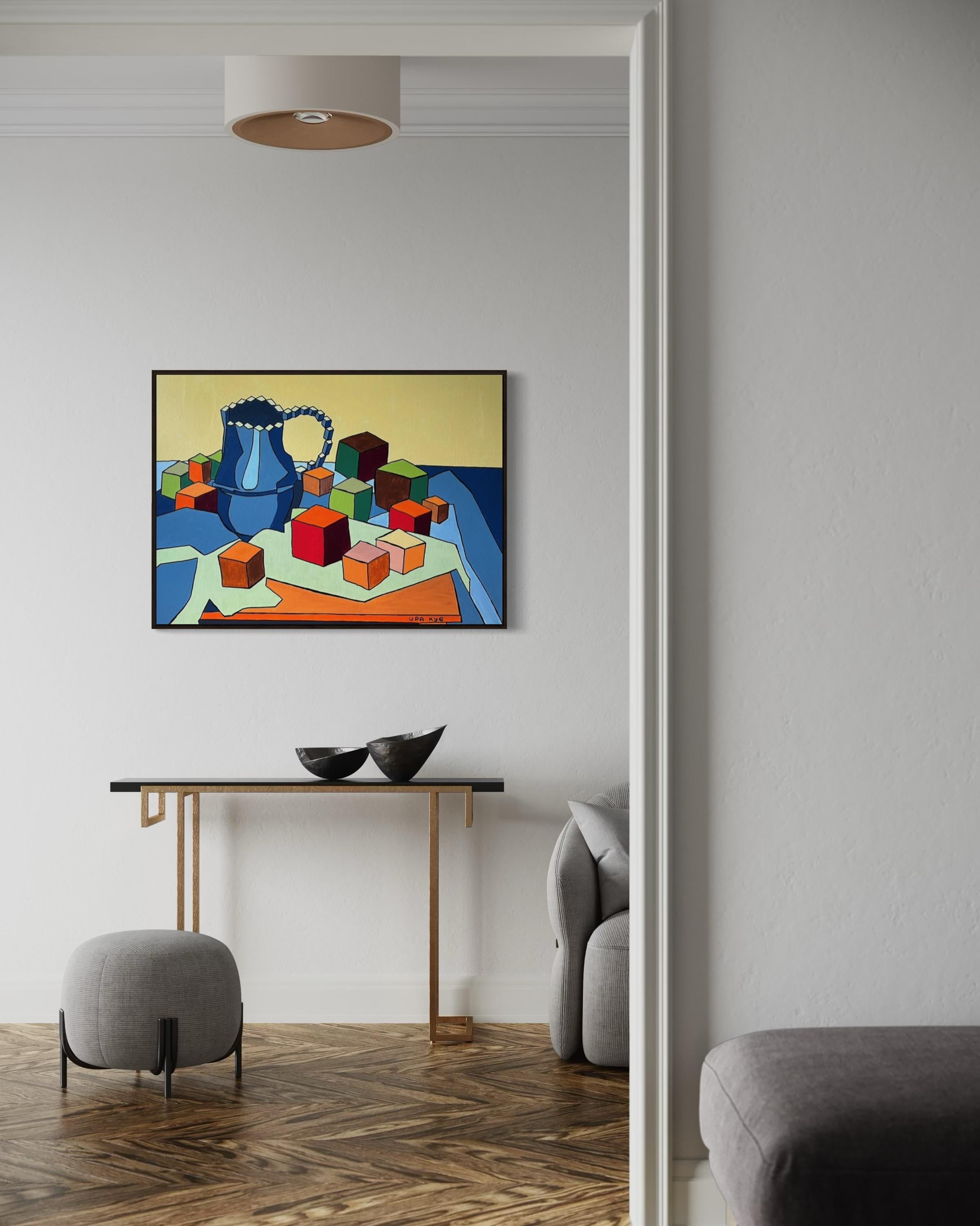 Melocotones y jarra, 80x100cm, acrílico sobre lienzo en venta 1