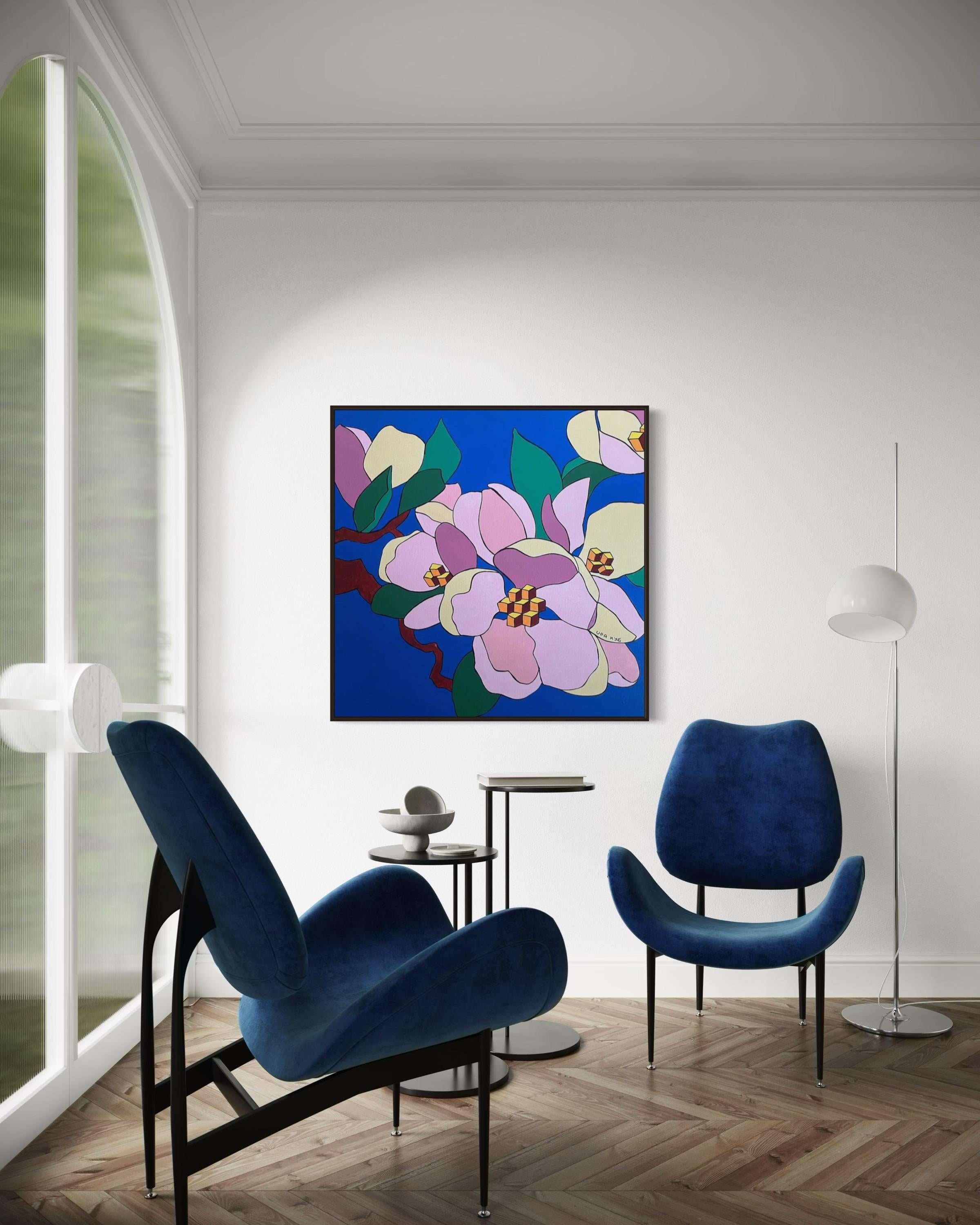 Apfelblüte, 100x100cm, Acryl auf Leinwand (Blau), Figurative Painting, von Ira Kub