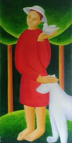 In the forest with a dog and a bird, 100 x 50 cm , oil on canvas