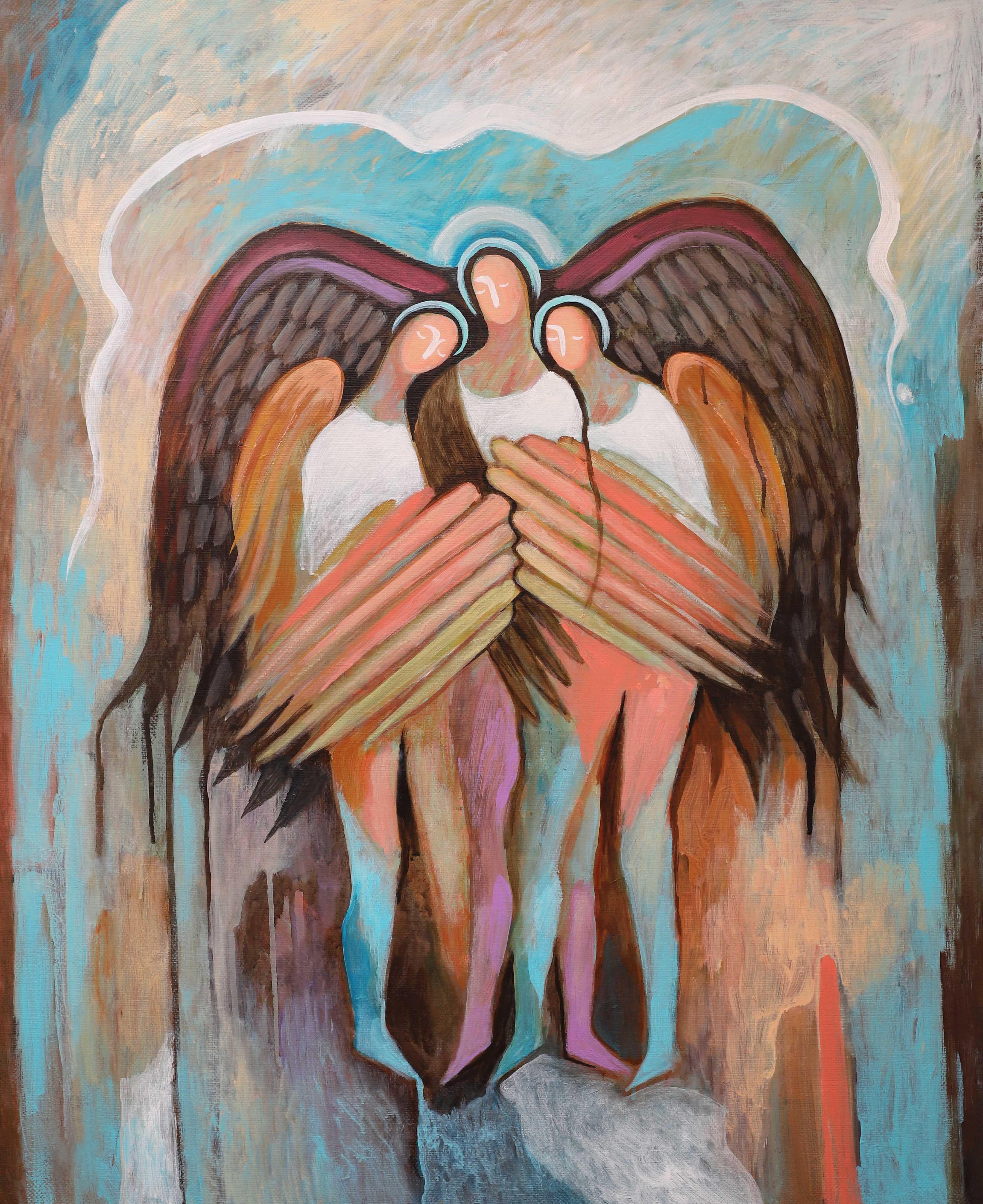 Drei Engel, 100x80cm, Acryl auf Leinwand – Painting von Katya Bim