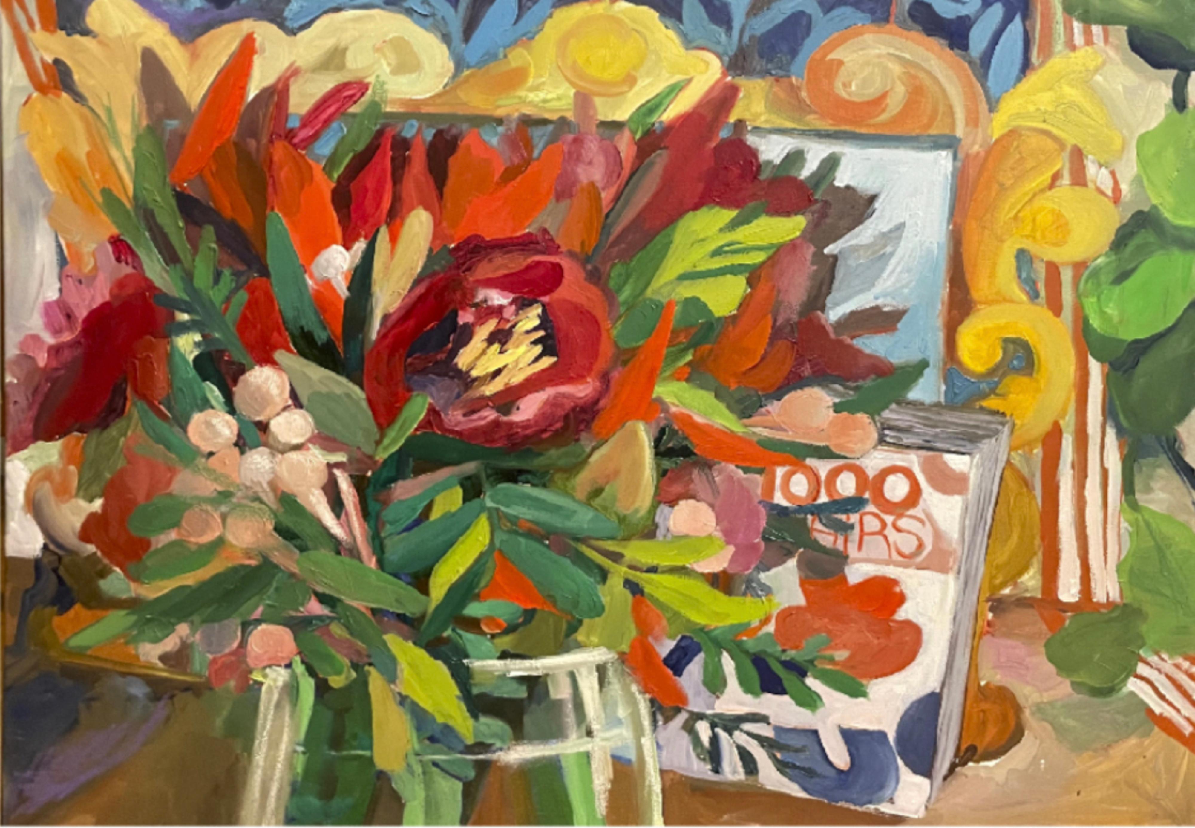 Rote Pfingstrosen und Bücher, 60x80cm, Öl auf Leinwand – Art von Lera Zimyatova