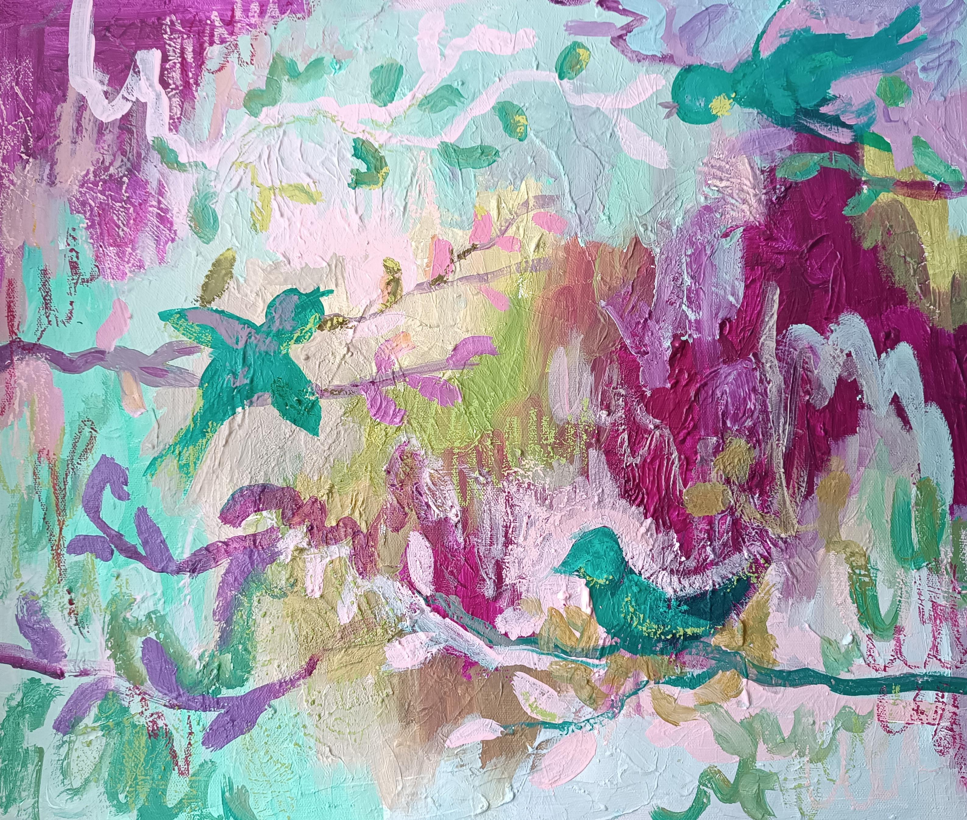 Uccelli, 50x60cm, acrilico su tela, pastello