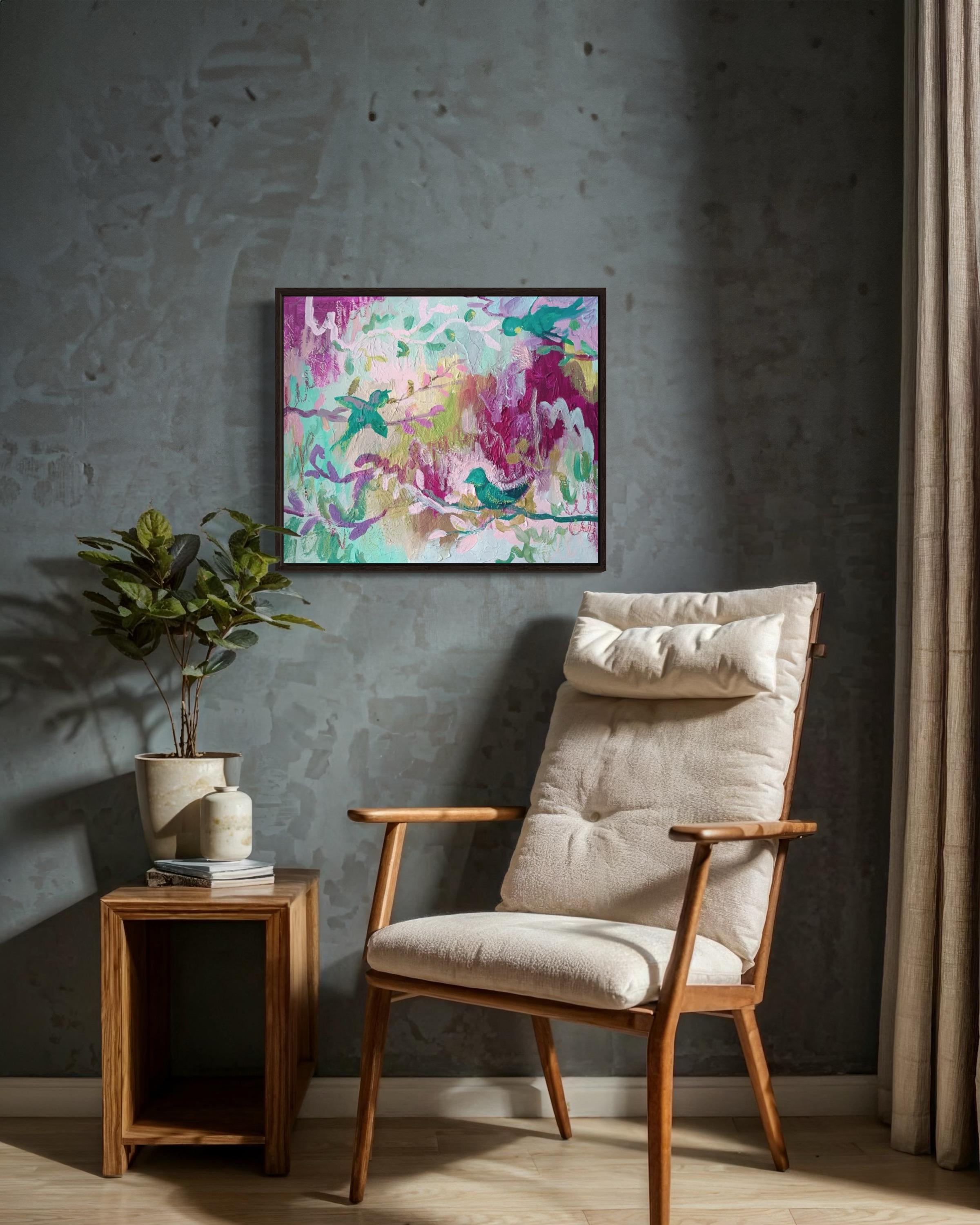Pájaros, 50x60cm, acrílico sobre lienzo, pastel - Abstract Painting Gris de Fleur