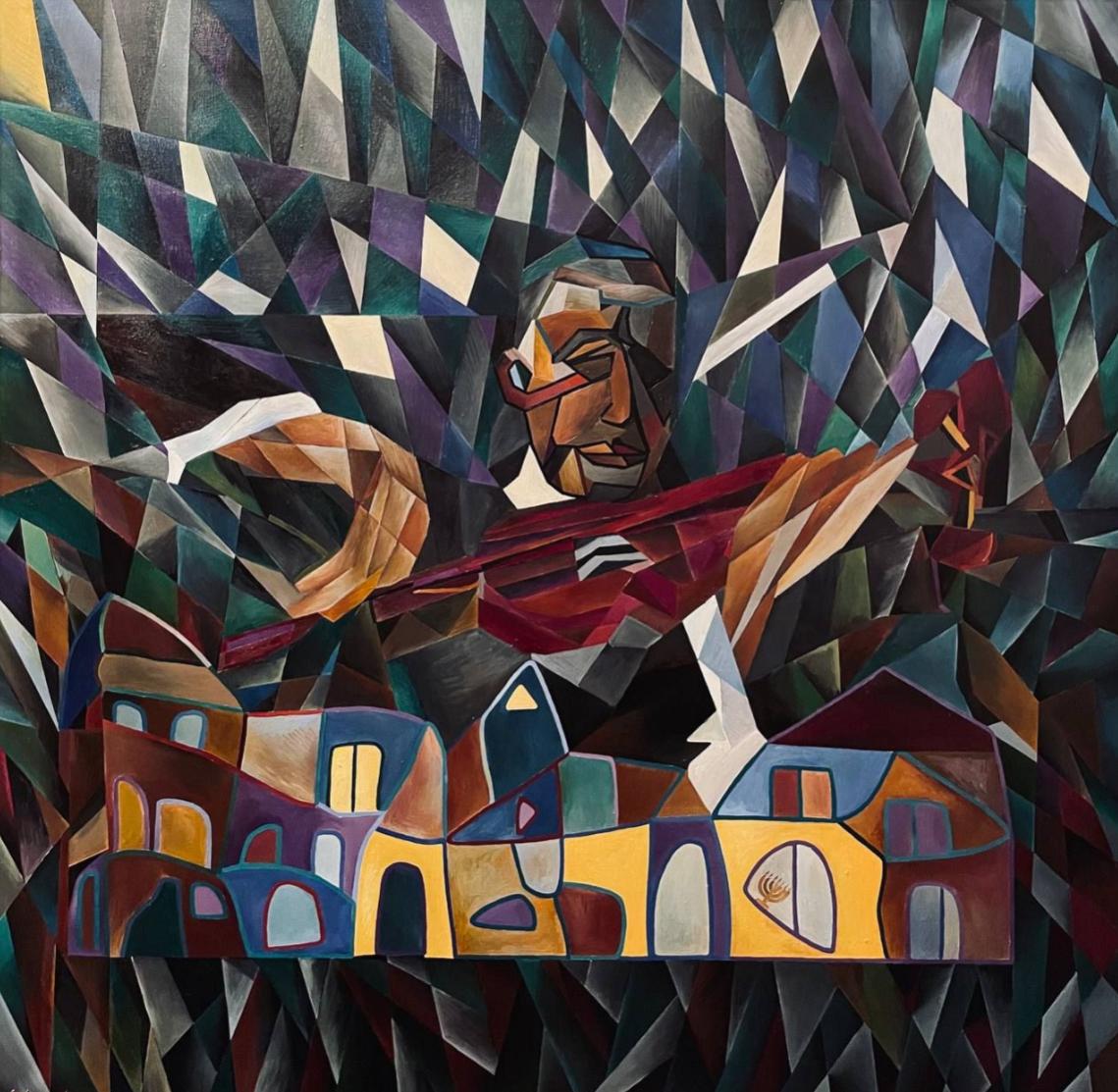 Klezmer et le cube, 120 x 120 cm, huile, toile, sable - Art de Tanya Brodskaya
