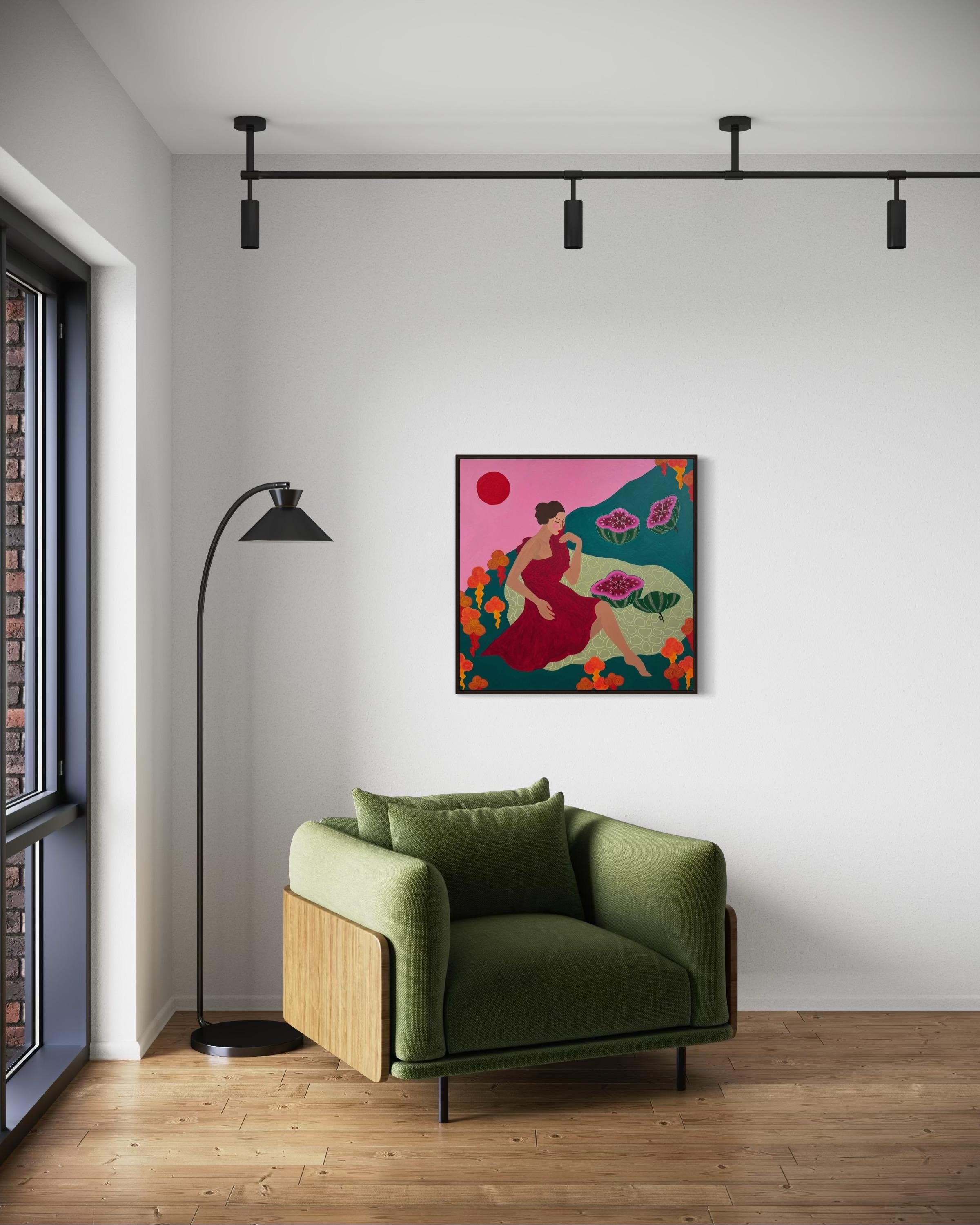 Sonnen, Wassermelonen und Pflanzen der ewigen Jugend, 80x80 cm, Acryl auf Leinwand im Angebot 3