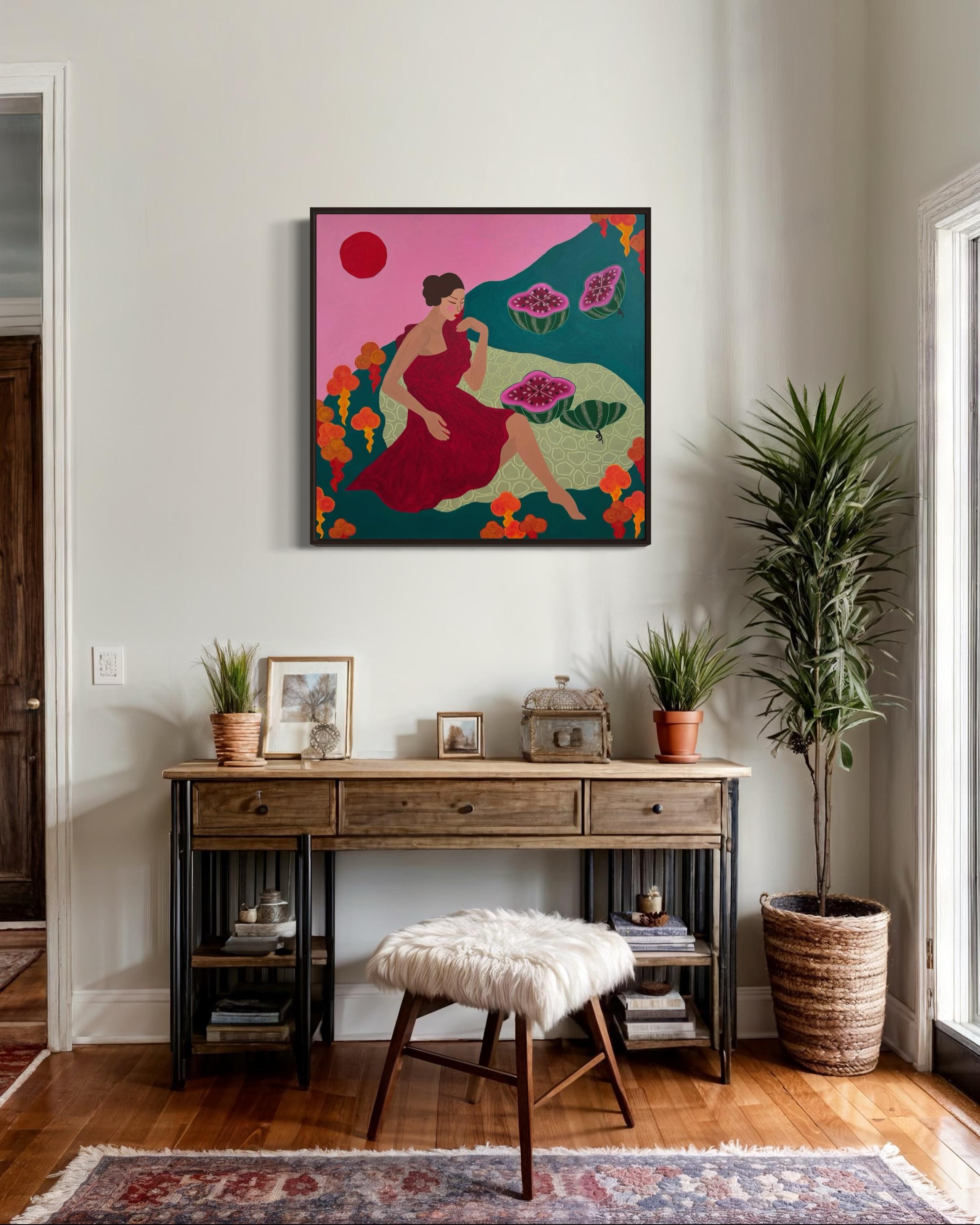 Sonnen, Wassermelonen und Pflanzen der ewigen Jugend, 80x80 cm, Acryl auf Leinwand im Angebot 4