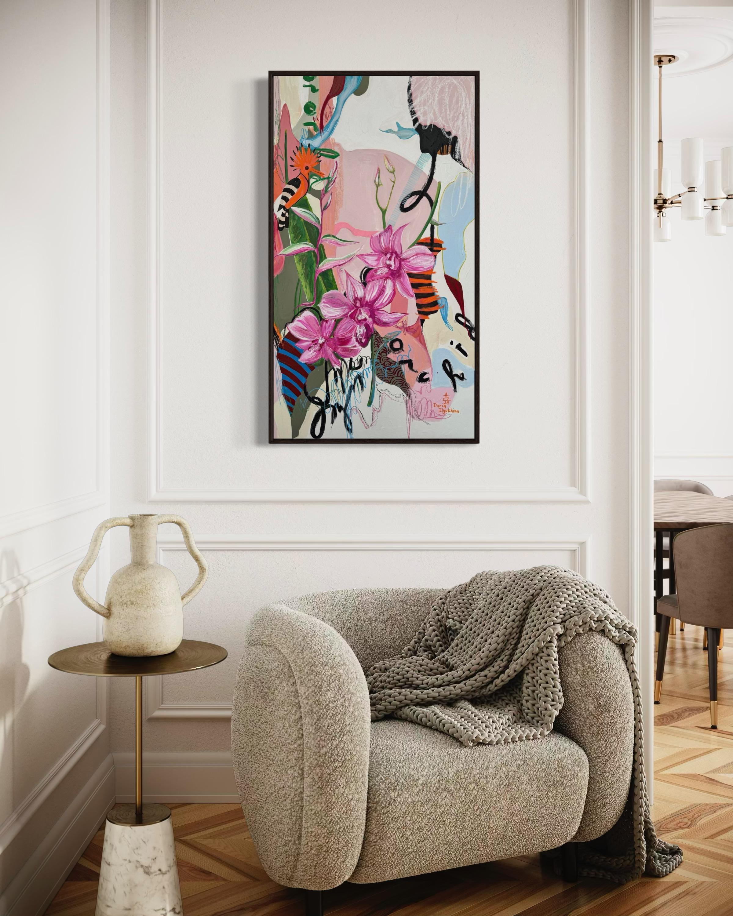 Träume des Hoopoe,  Segeltuch, Mischtechnik, 110x60cm im Angebot 1