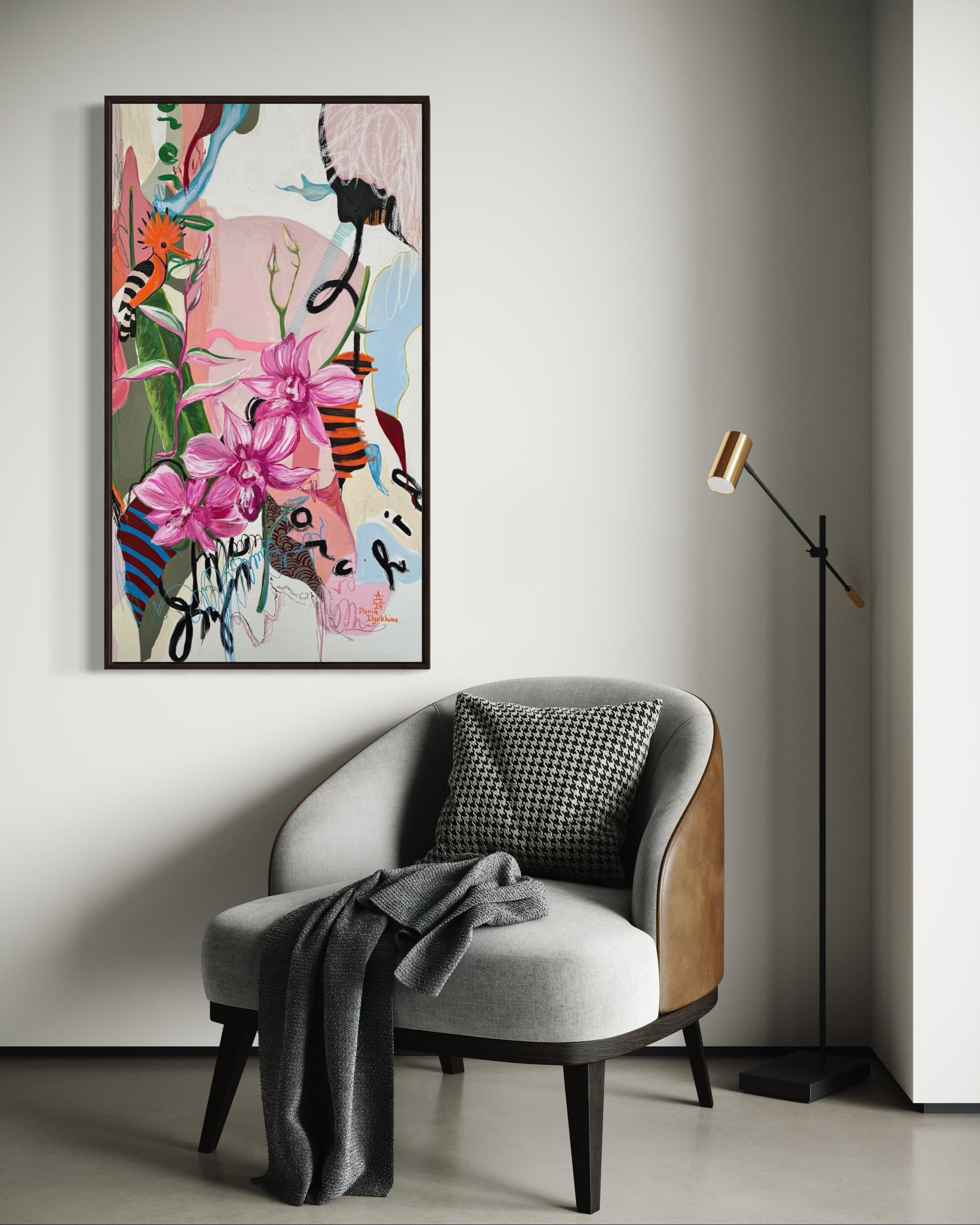 Träume des Hoopoe,  Segeltuch, Mischtechnik, 110x60cm im Angebot 2