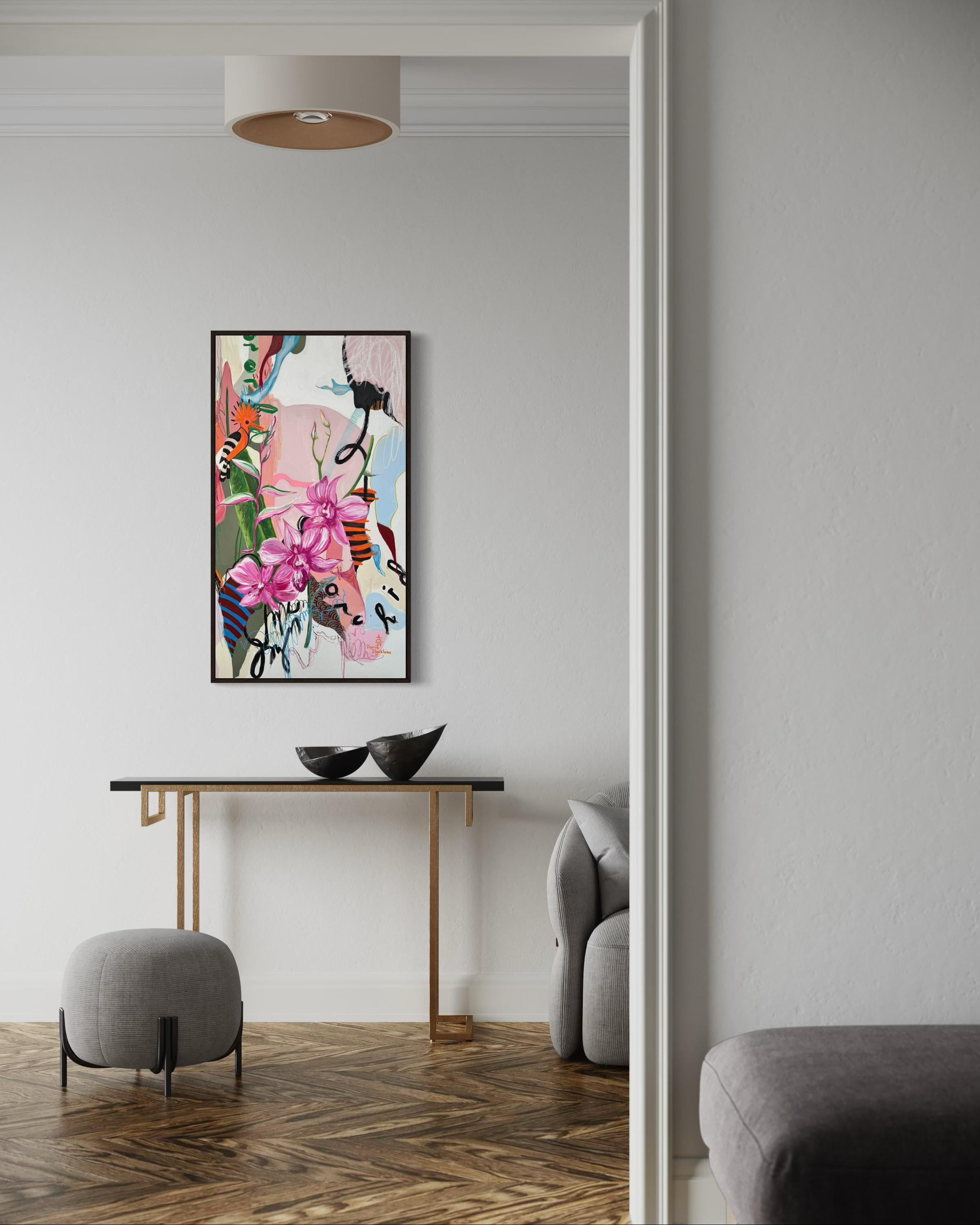 Träume des Hoopoe,  Segeltuch, Mischtechnik, 110x60cm im Angebot 3