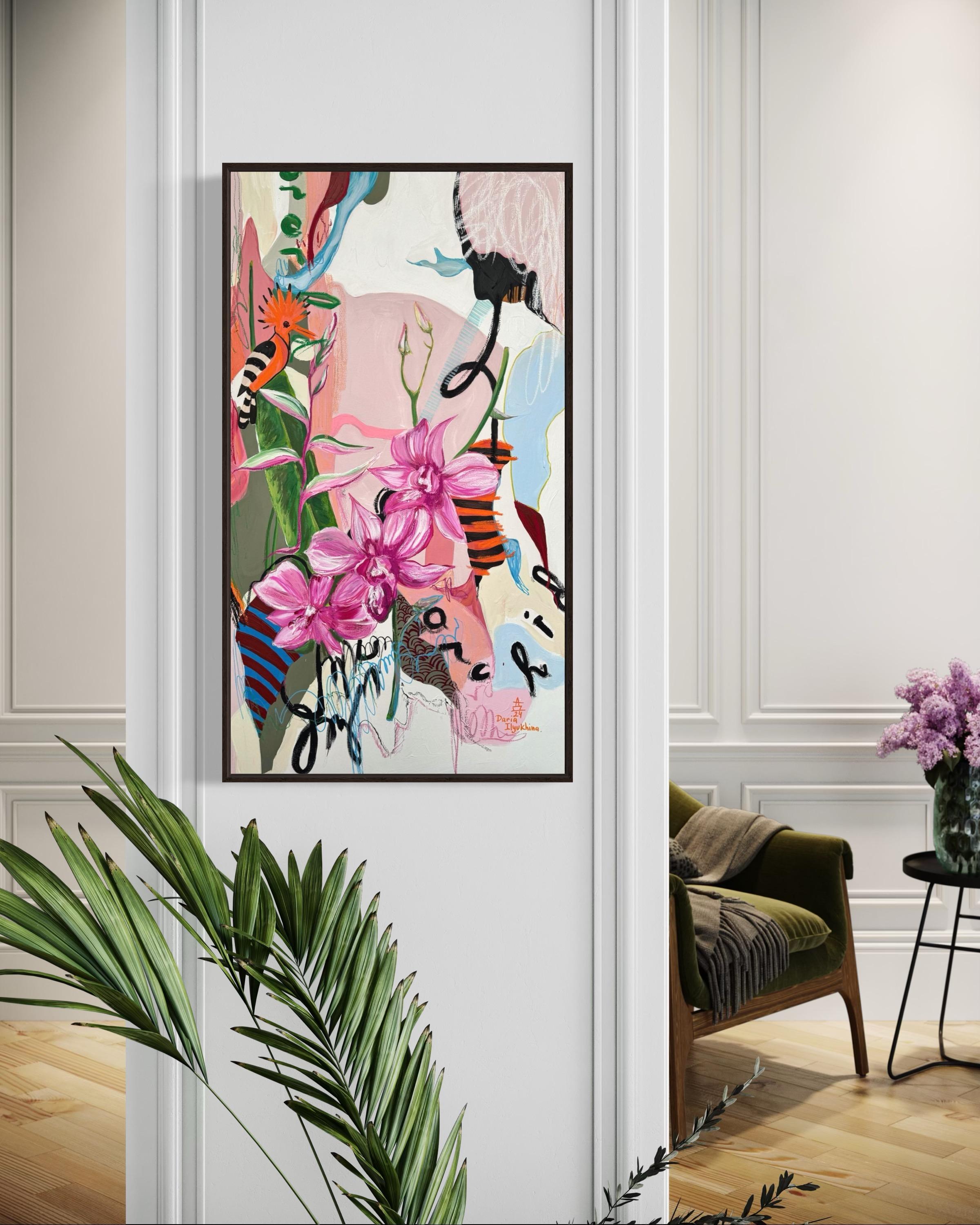 Träume des Hoopoe,  Segeltuch, Mischtechnik, 110x60cm im Angebot 5