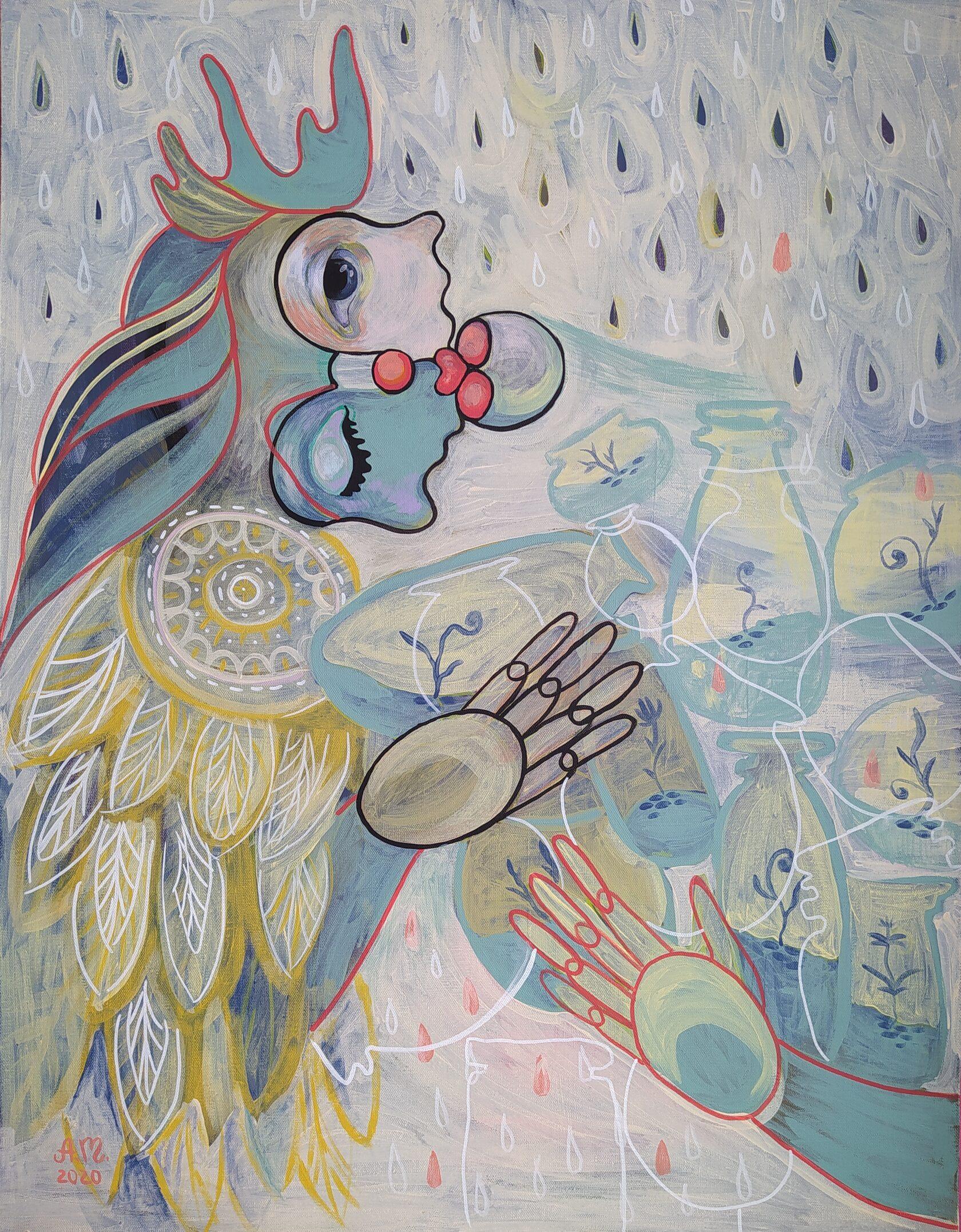 Anastasiya Akulova Figurative Painting – Angel woke up, 90x80cm, Acryl auf Leinwand