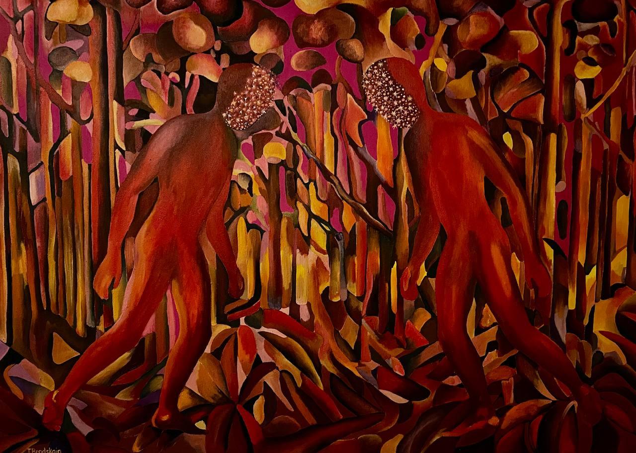 Spiegelung in Rot, 120x170 cm, Öl, Leinwand, Sand – Art von Tanya Brodskaya