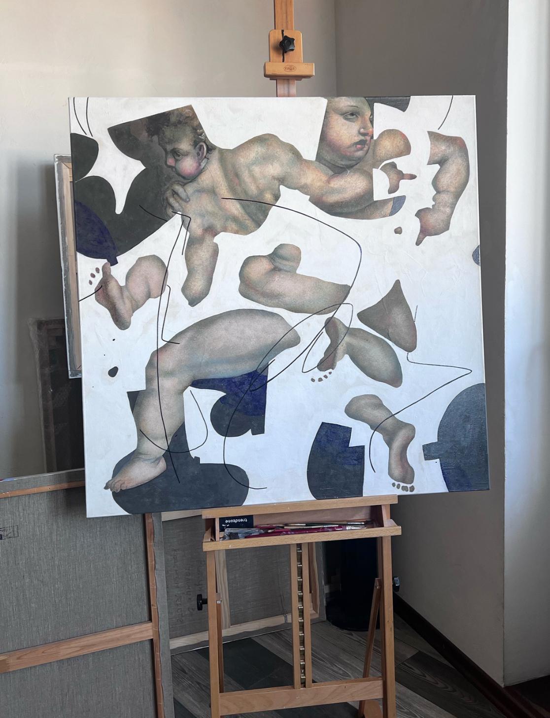Putti. Homage to Vasari. 100x100cm, acrylic on canvas - Abstract Art by Olga Rikun