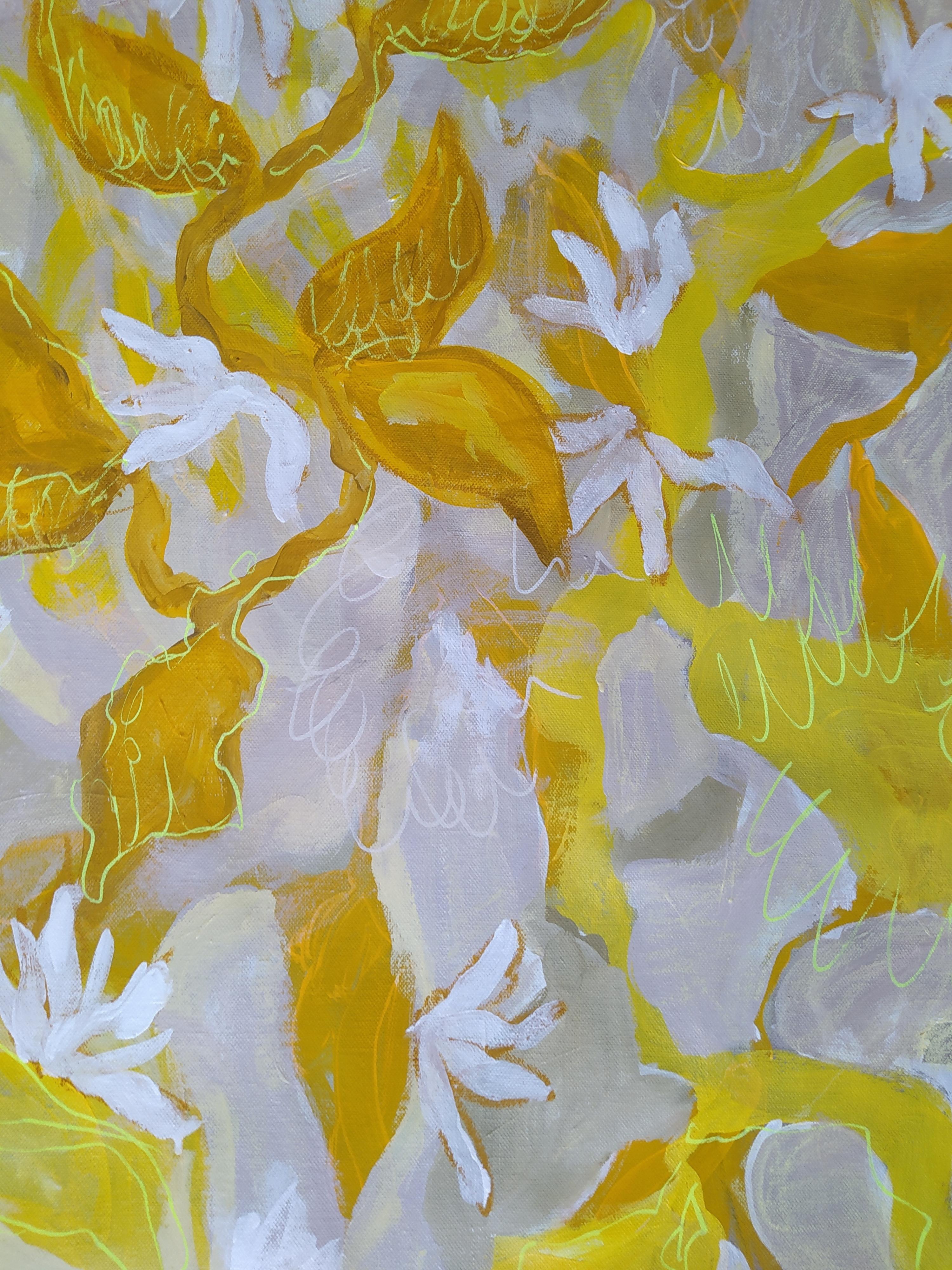 Lemon leaves, 100x70cm, acrylic/canvas/pastel - Abstract Art by Fleur