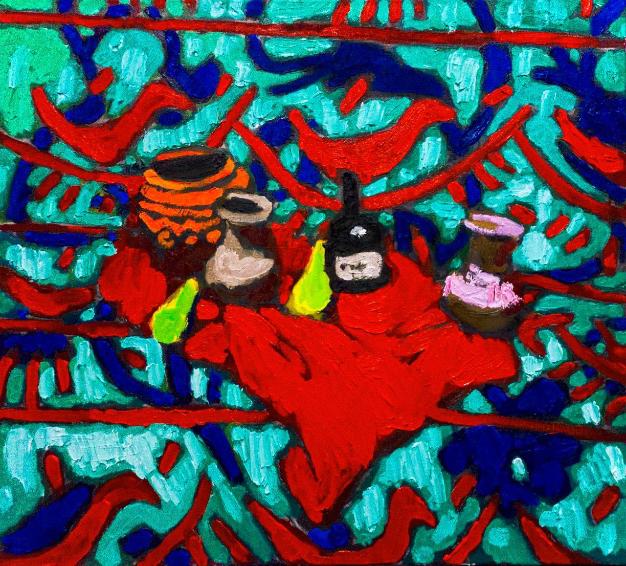 Green still life with red birds, 90x100 cm, oil on canvas - Art by Petr Petyaev