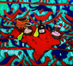 Green still life with red birds, 90x100 cm, oil on canvas