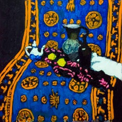 Natura morta blu con due limoni, 105x105 cm, olio su tela