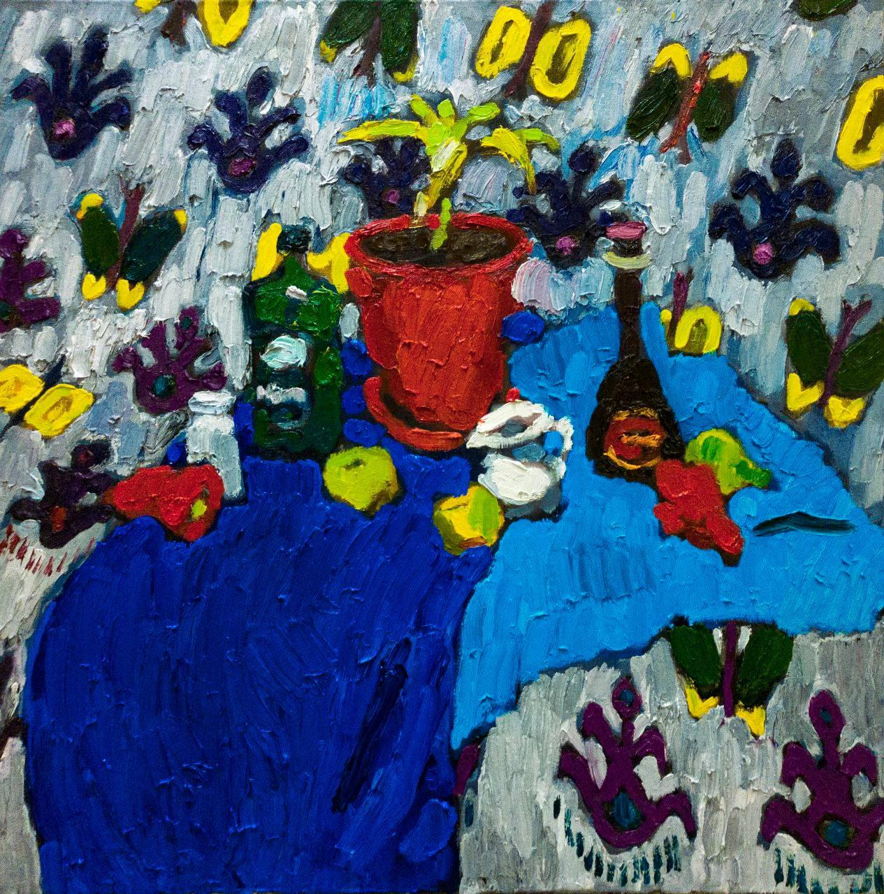 Still life with a red pot., 100x100 cm, oil on canvas - Art by Petr Petyaev