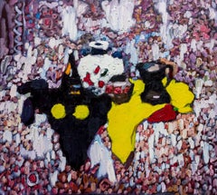 White pitcher, black and yellow draperies, 90x100 cm, oil on canvas