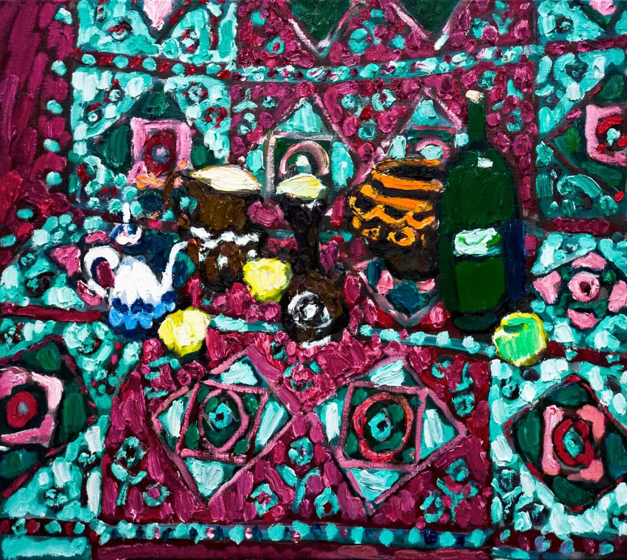 A burgundy and turquoise still life., 80x90 cm, oil on canvas - Painting by Petr Petyaev