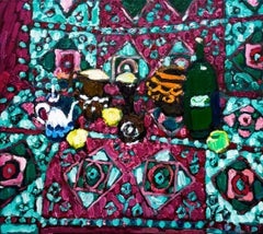 A burgundy and turquoise still life., 80x90 cm, oil on canvas