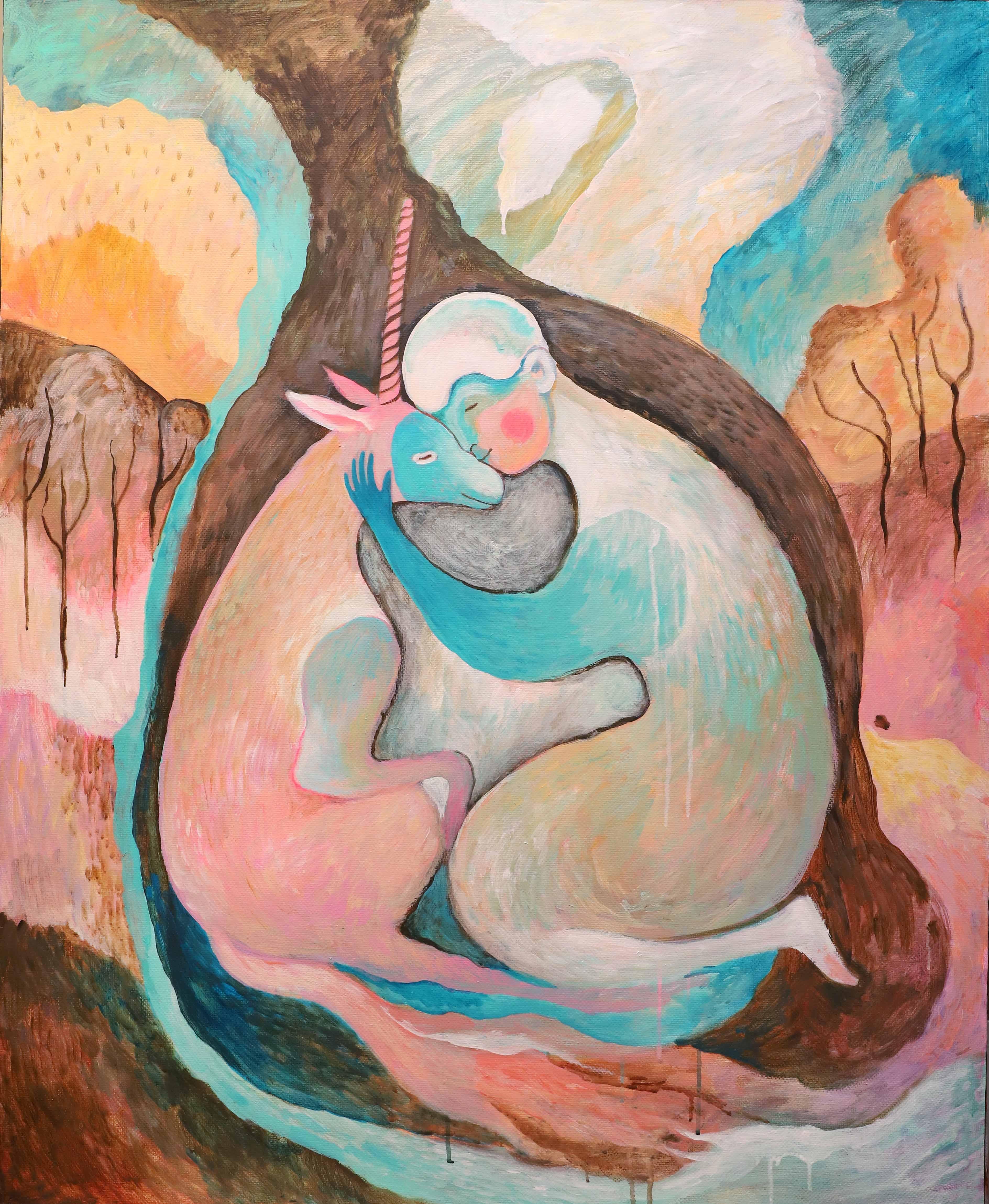 Lady and the Unicorn, 100x90cm, acrylique sur toile - Art de Katya Bim