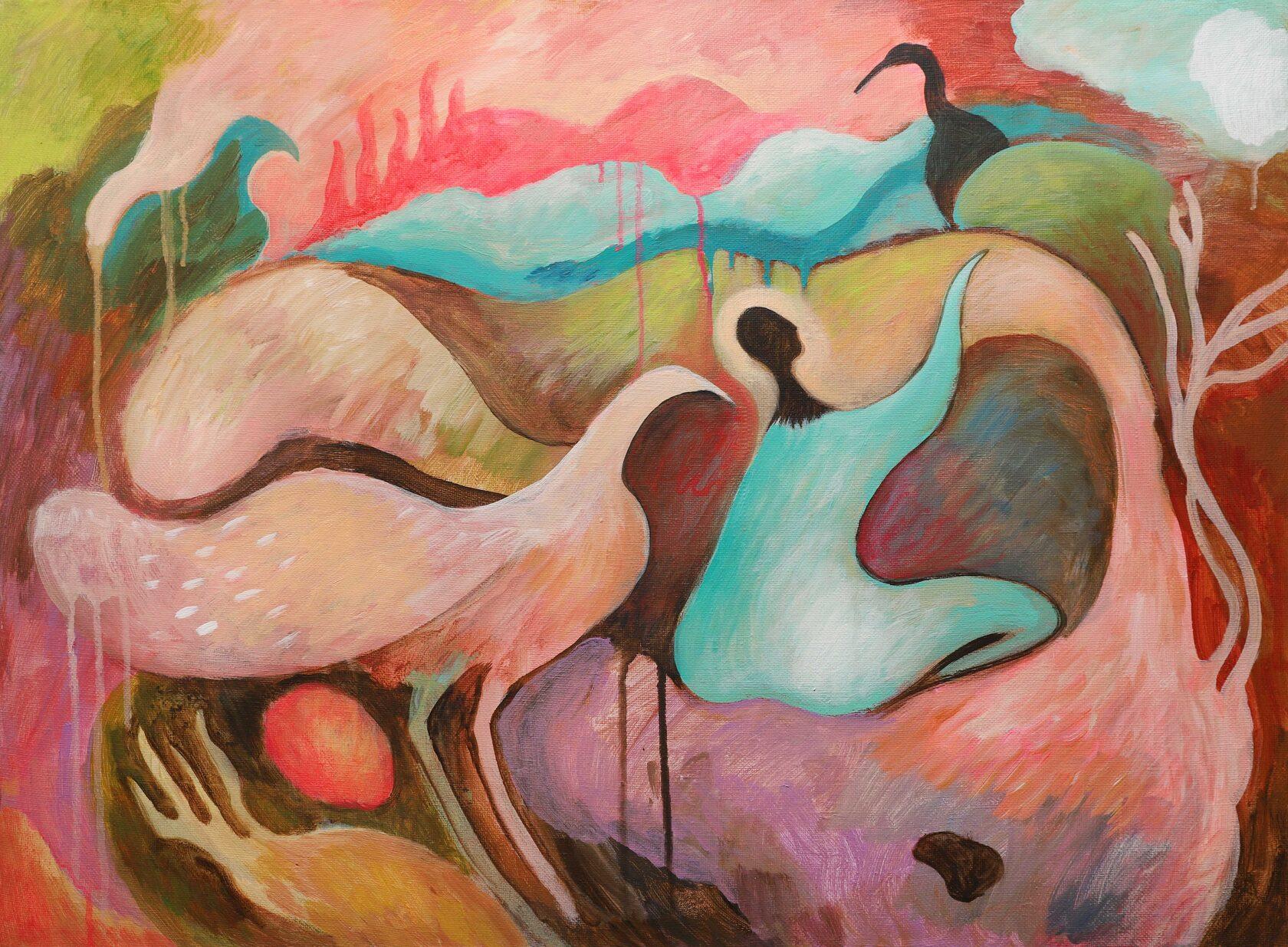 Dare da mangiare agli uccelli, 60x80cm, acrilico su tela - Art di Katya Bim