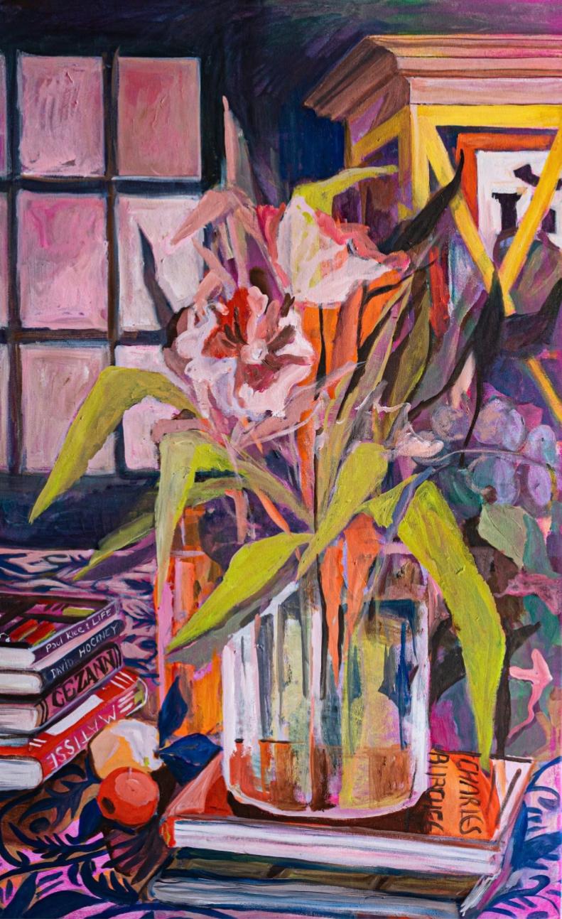 Nature morte avec livres, 120x80cm, huile sur toile - Art de Lera Zimyatova