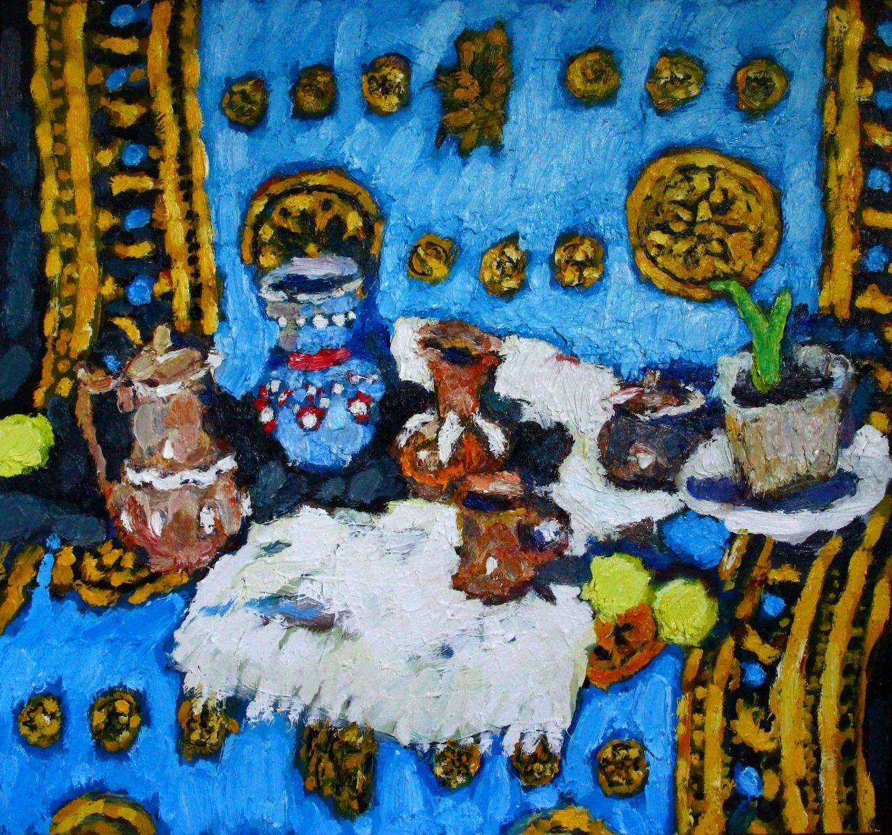 Blue jug , 94x100 cm, oil on canvas - Painting by Petr Petyaev