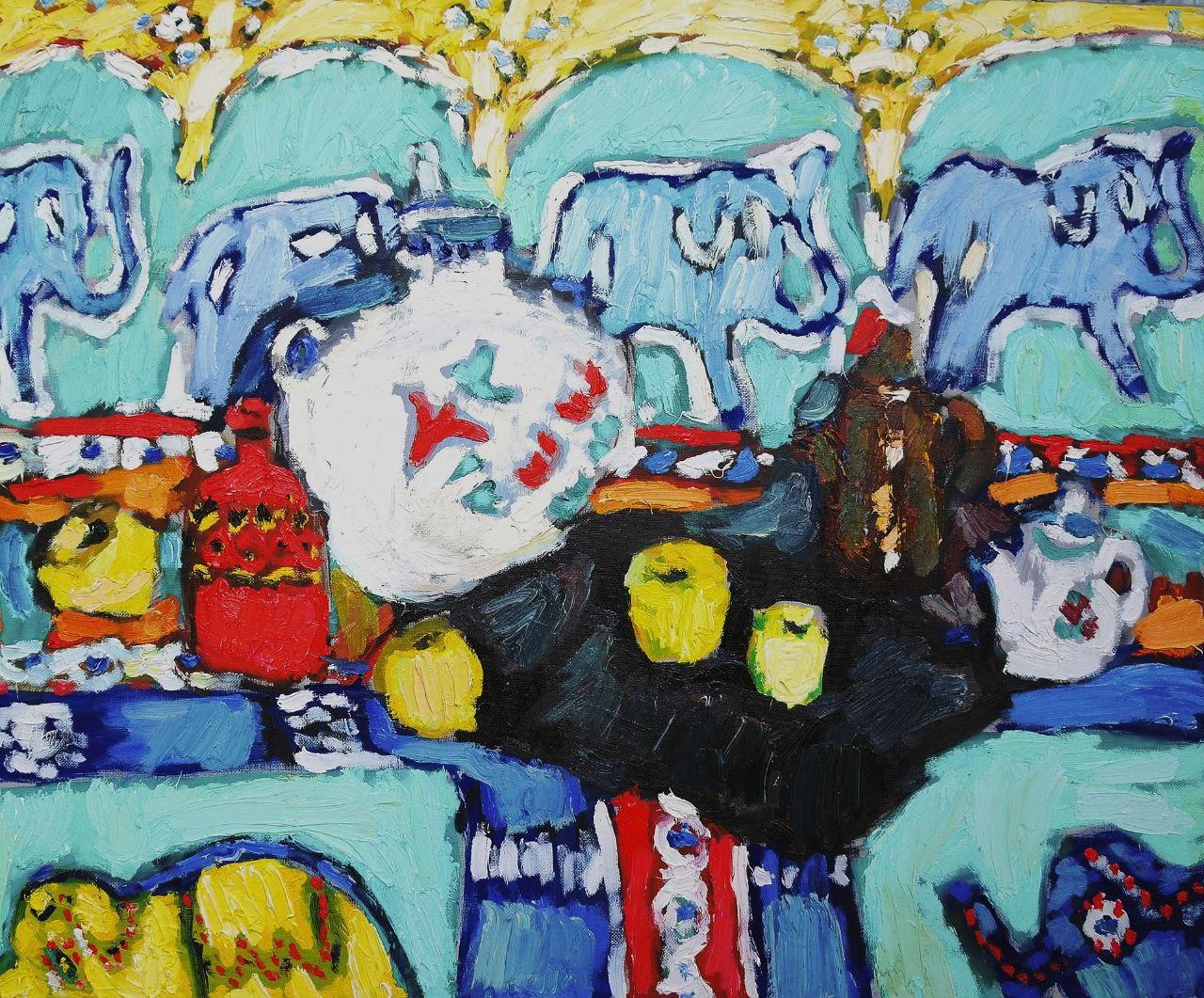 Indische Ornamente  , 95x115 cm, Öl auf Leinwand – Art von Petr Petyaev