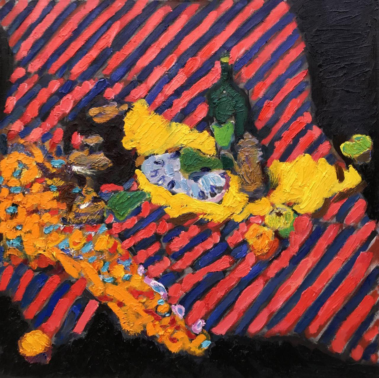Farbig  Stillleben mit zwei Zitronen, 105x105 cm, Öl auf Leinwand – Painting von Petr Petyaev