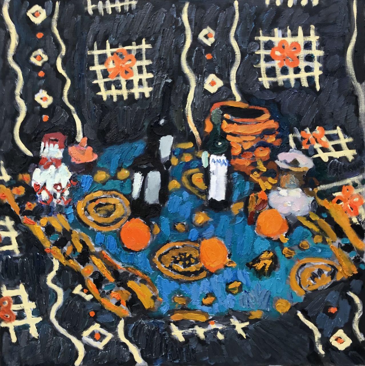 Farbig  Stillleben mit zwei Zitronen, 105x105 cm, Öl auf Leinwand – Art von Petr Petyaev