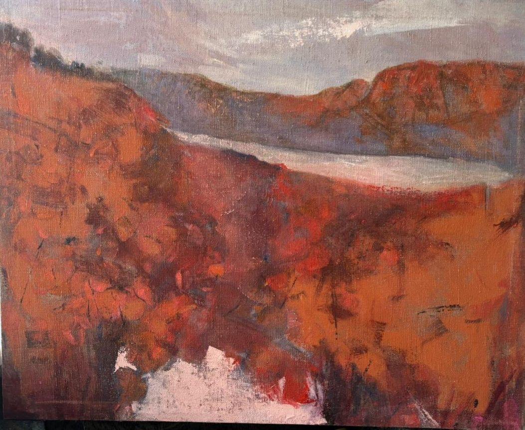 Berglandschaft, 110x89cm, Öl auf Leinwand – Art von Zarina Biganti