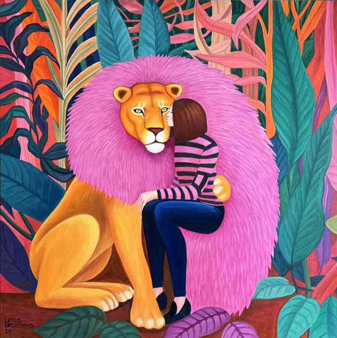 Leyla Kravtsova Figurative Painting - Lionheart, 100x100cm, oil on canvas