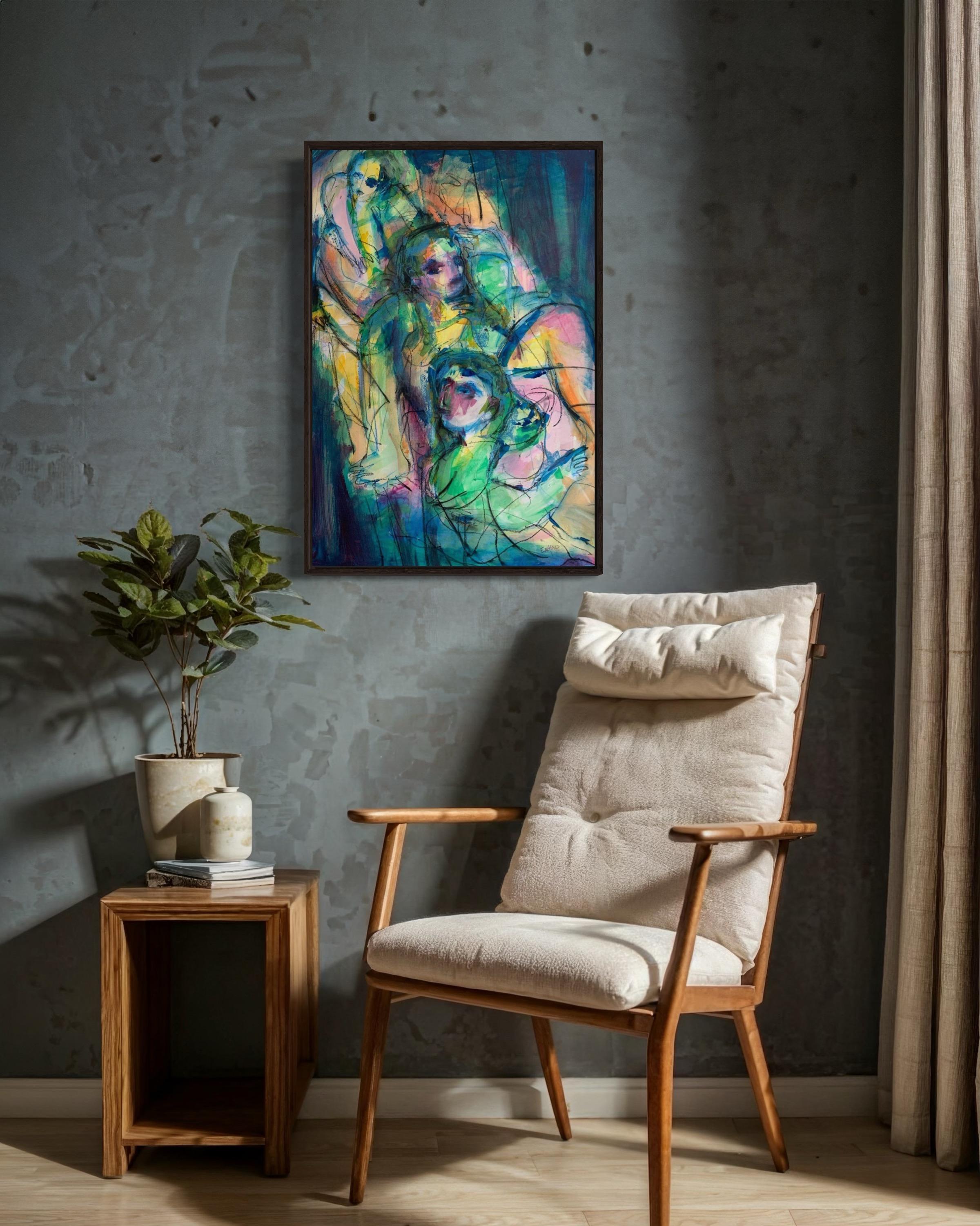 Talking until midnight, 78x54cm, acrylic/paper/pastel - Abstract Art by Elena Naushirvanova 