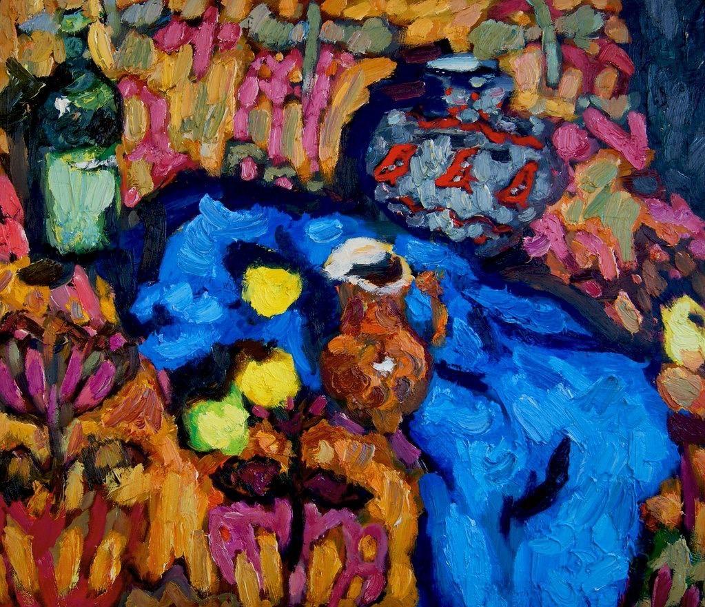 Farbig  Stillleben mit, 95x110 cm, Öl auf Leinwand – Art von Petr Petyaev