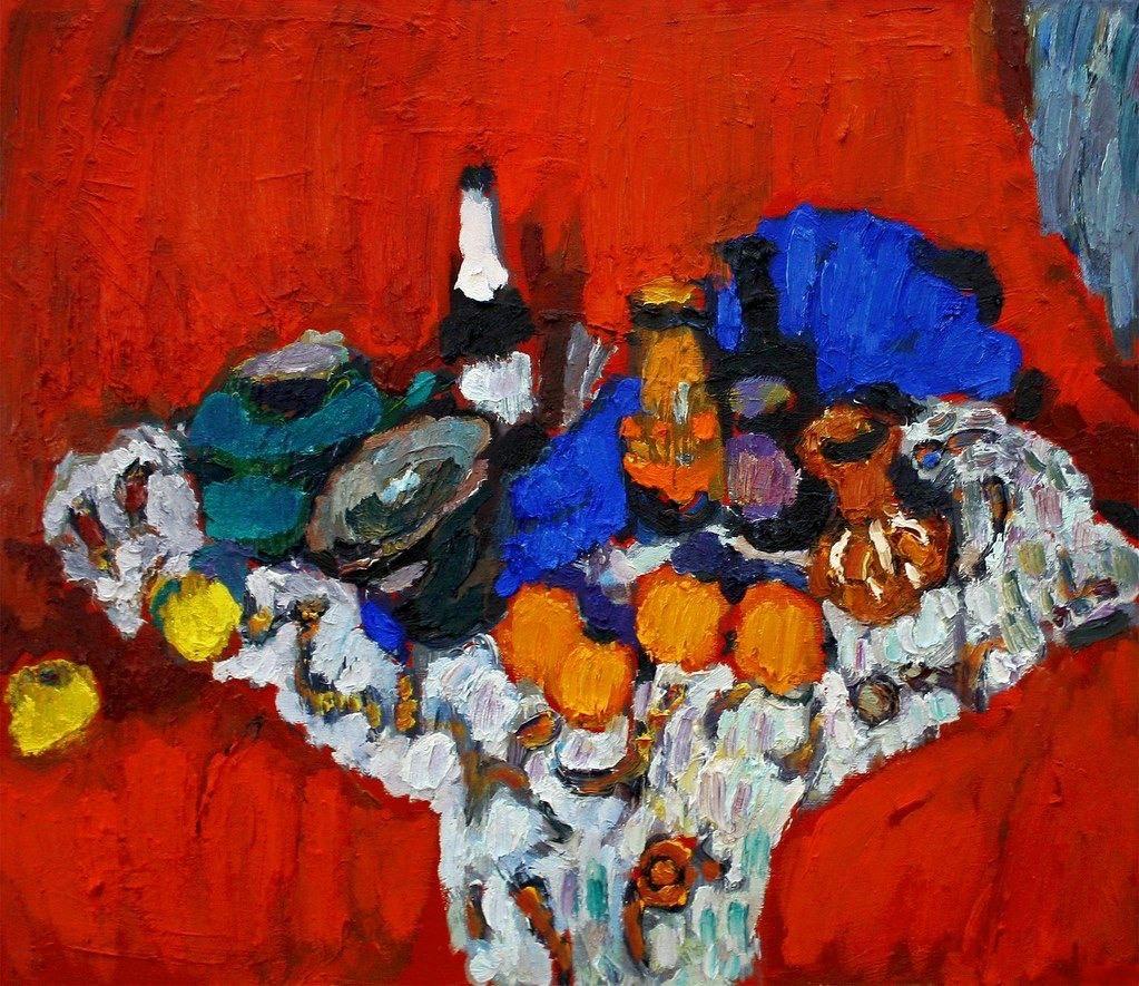 Farbig  Stillleben mit, 95x110 cm, Öl auf Leinwand – Art von Petr Petyaev