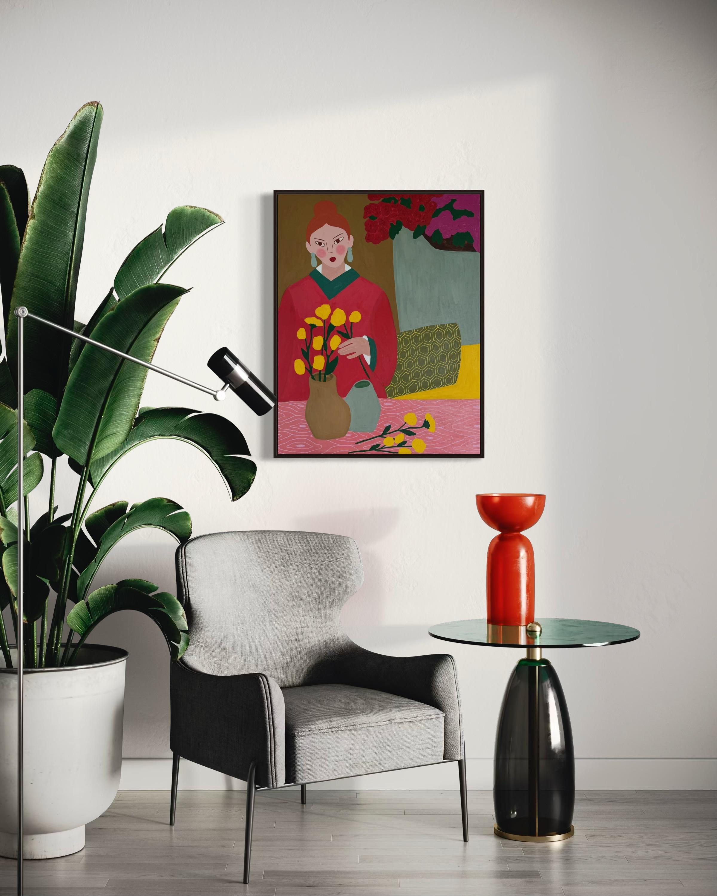 Fleurs jaunes, 90x70 cm, acrylique sur toile en vente 4